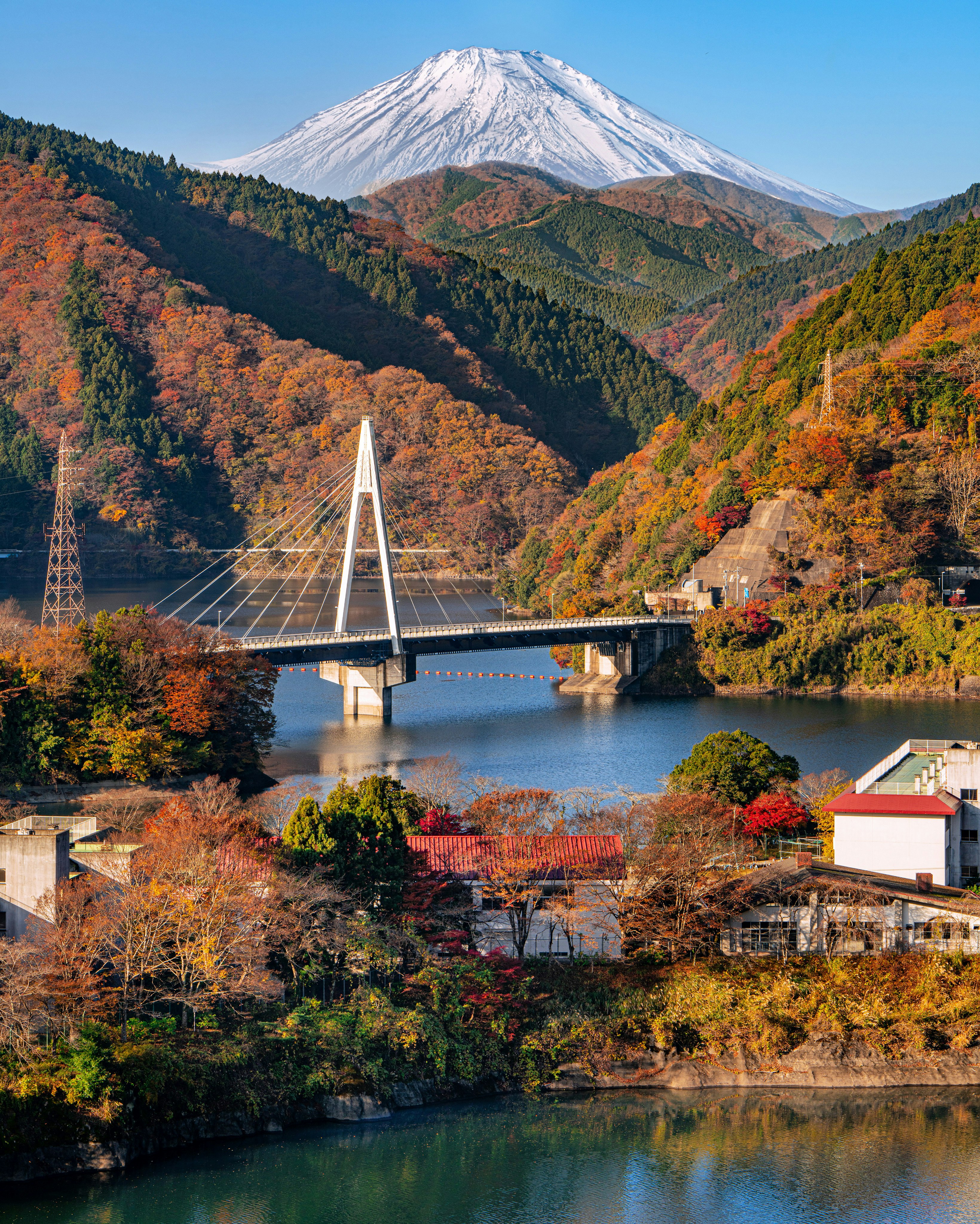 富士山を望む紅葉の渓谷と橋のある川景色