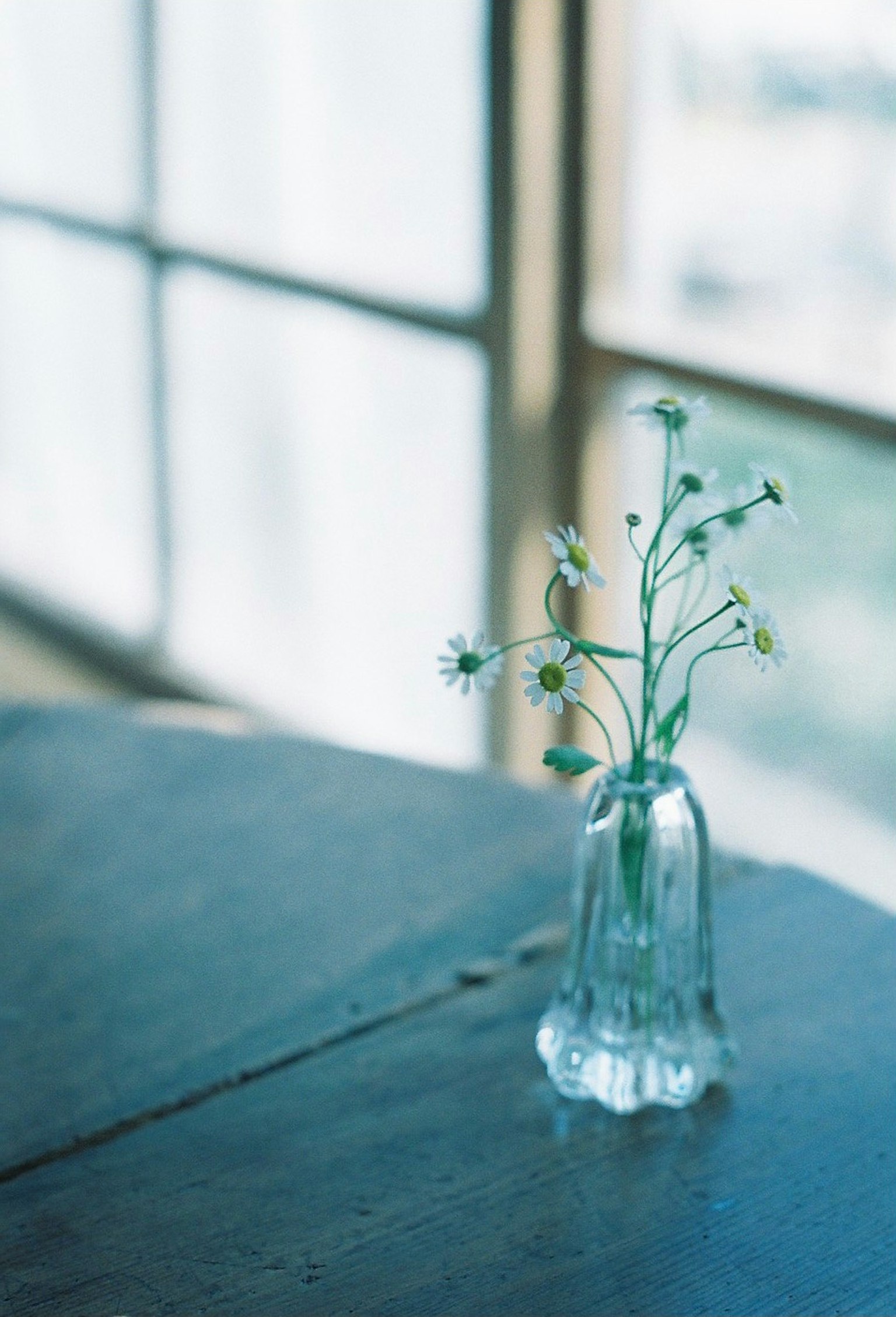 Un petit arrangement floral dans un vase bleu sur une table en bois