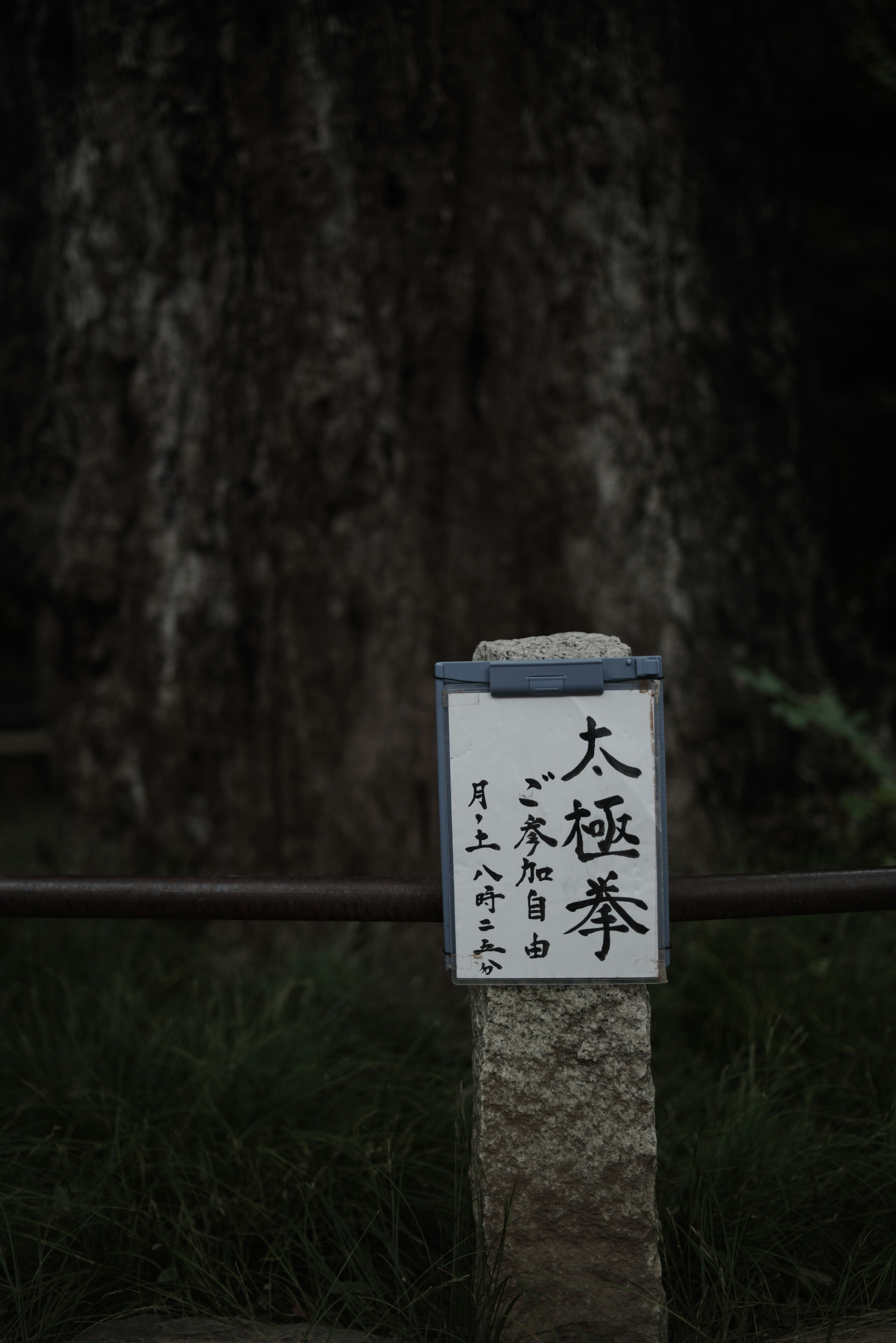 神社院落石柱上的太极拳告示牌