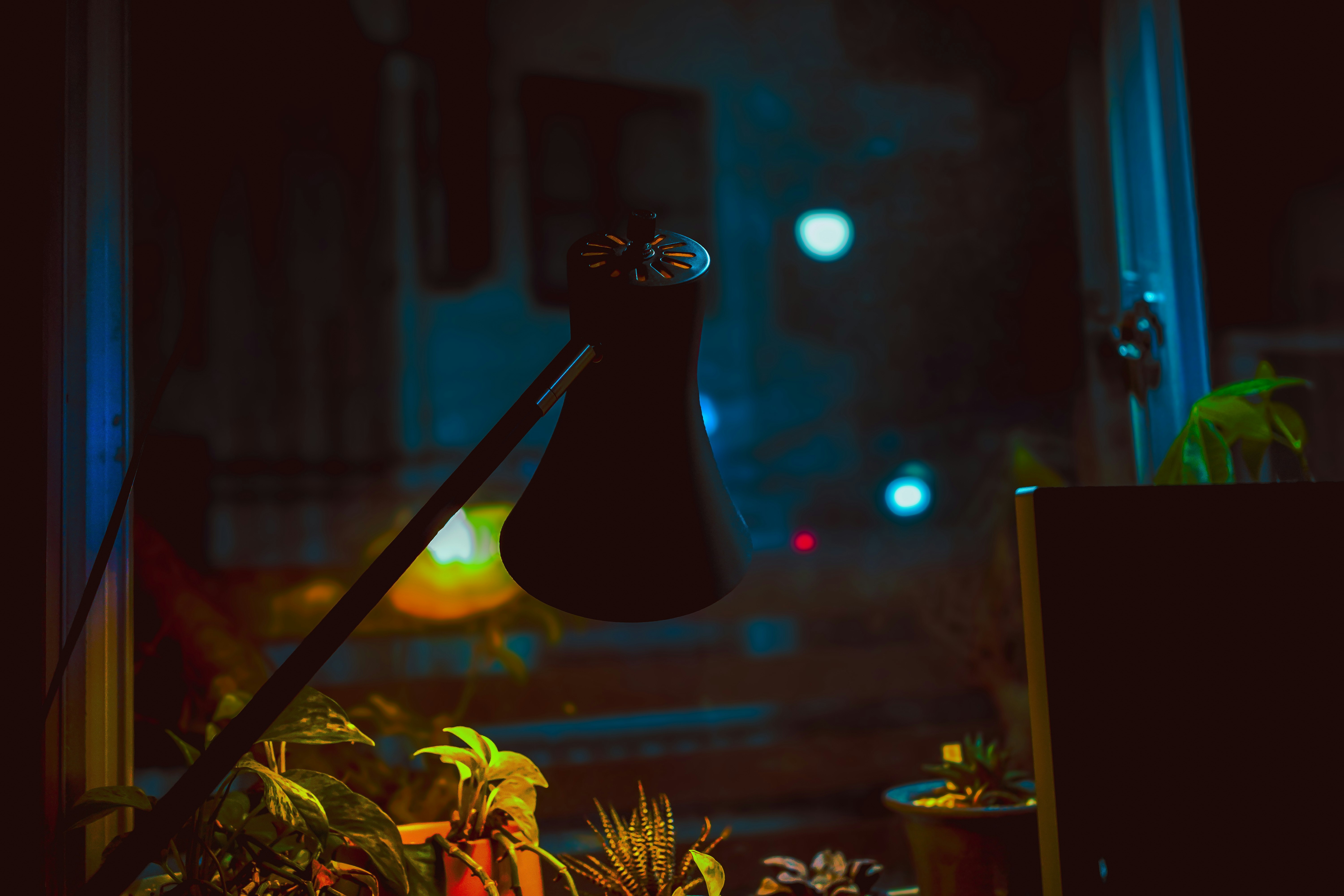night interior space with a glowing lamp and potted plants