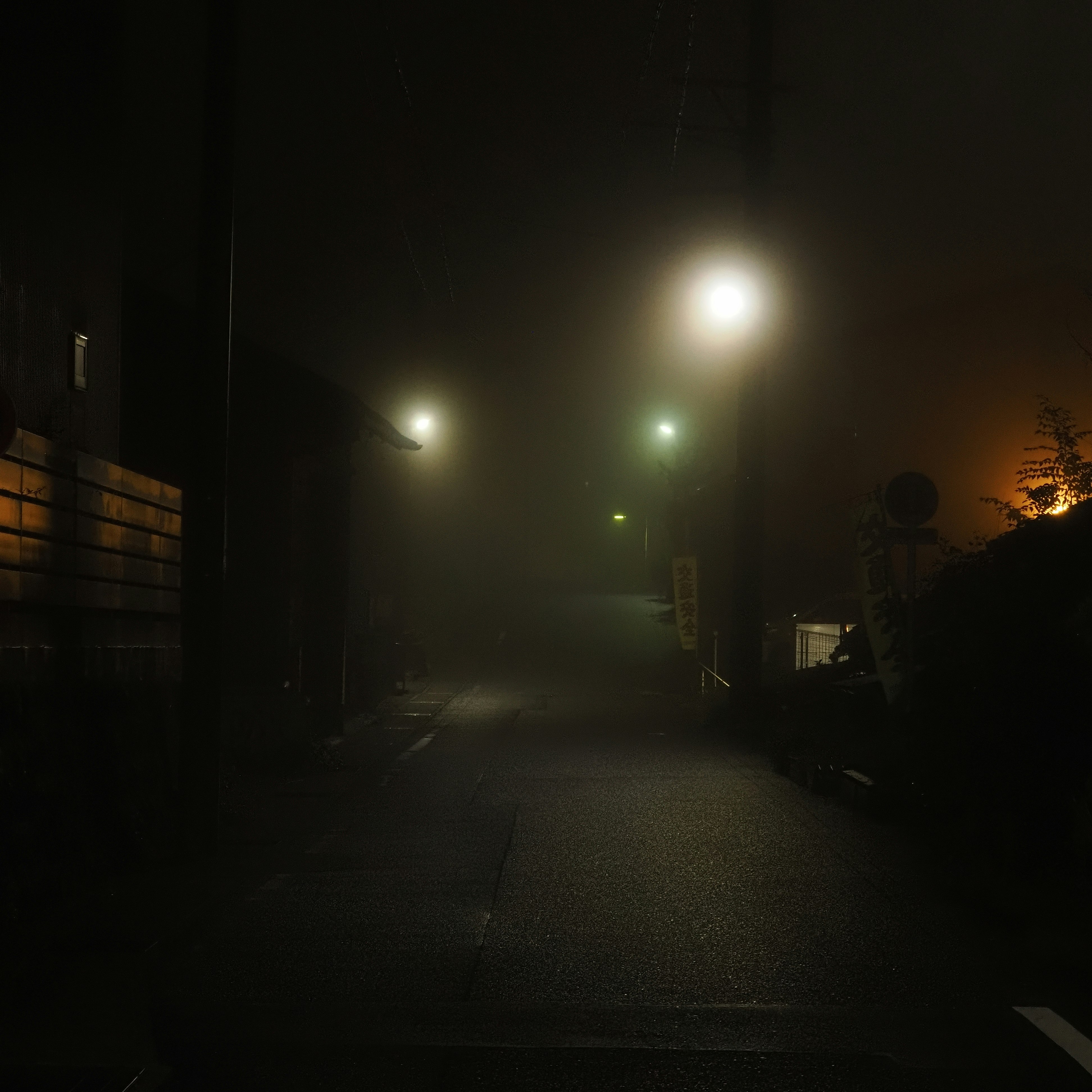 霧の中の街灯が並ぶ路地