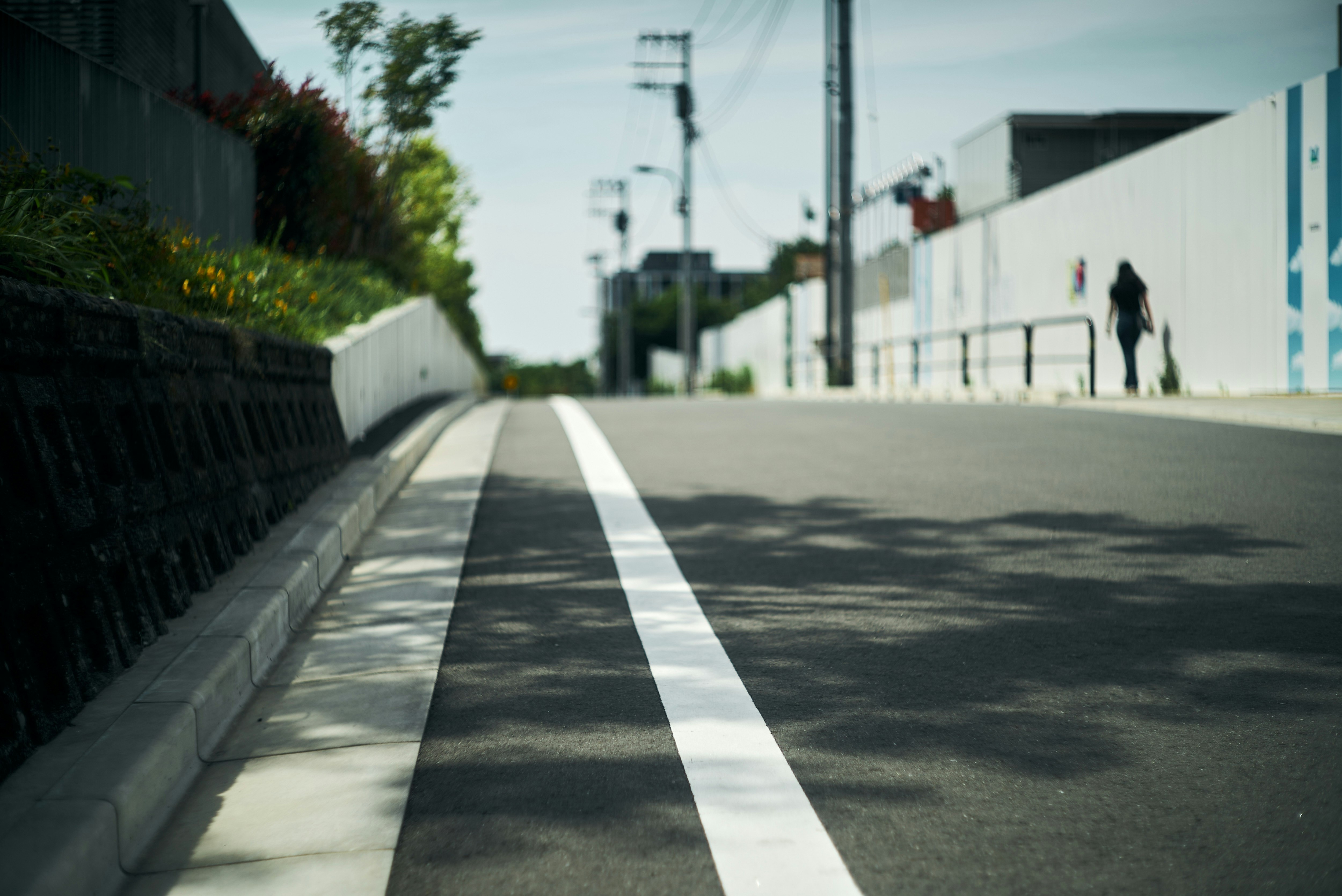 筆直道路與人行道及白色標線的街景
