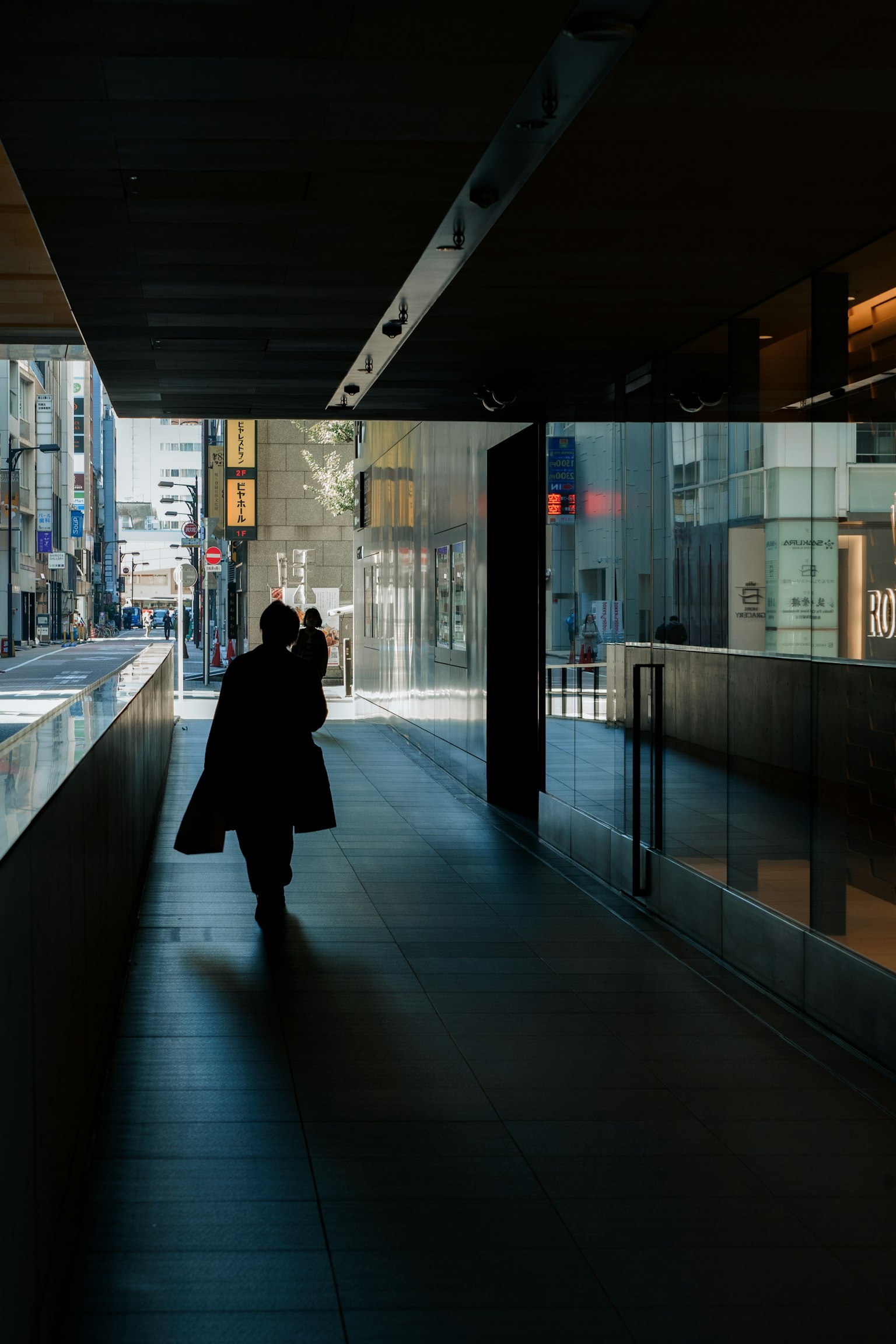 Silhouette d'une personne marchant dans un couloir sombre Murs en verre et paysage extérieur lumineux
