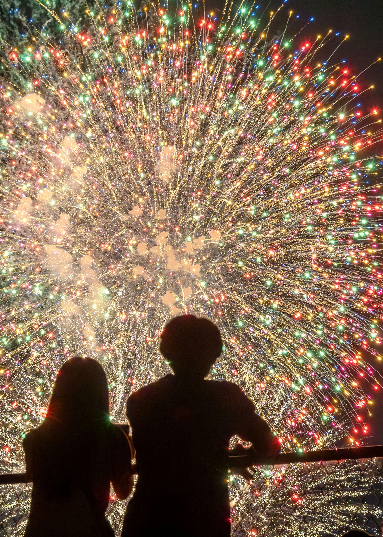 Silueta de una pareja mirando fuegos artificiales coloridos