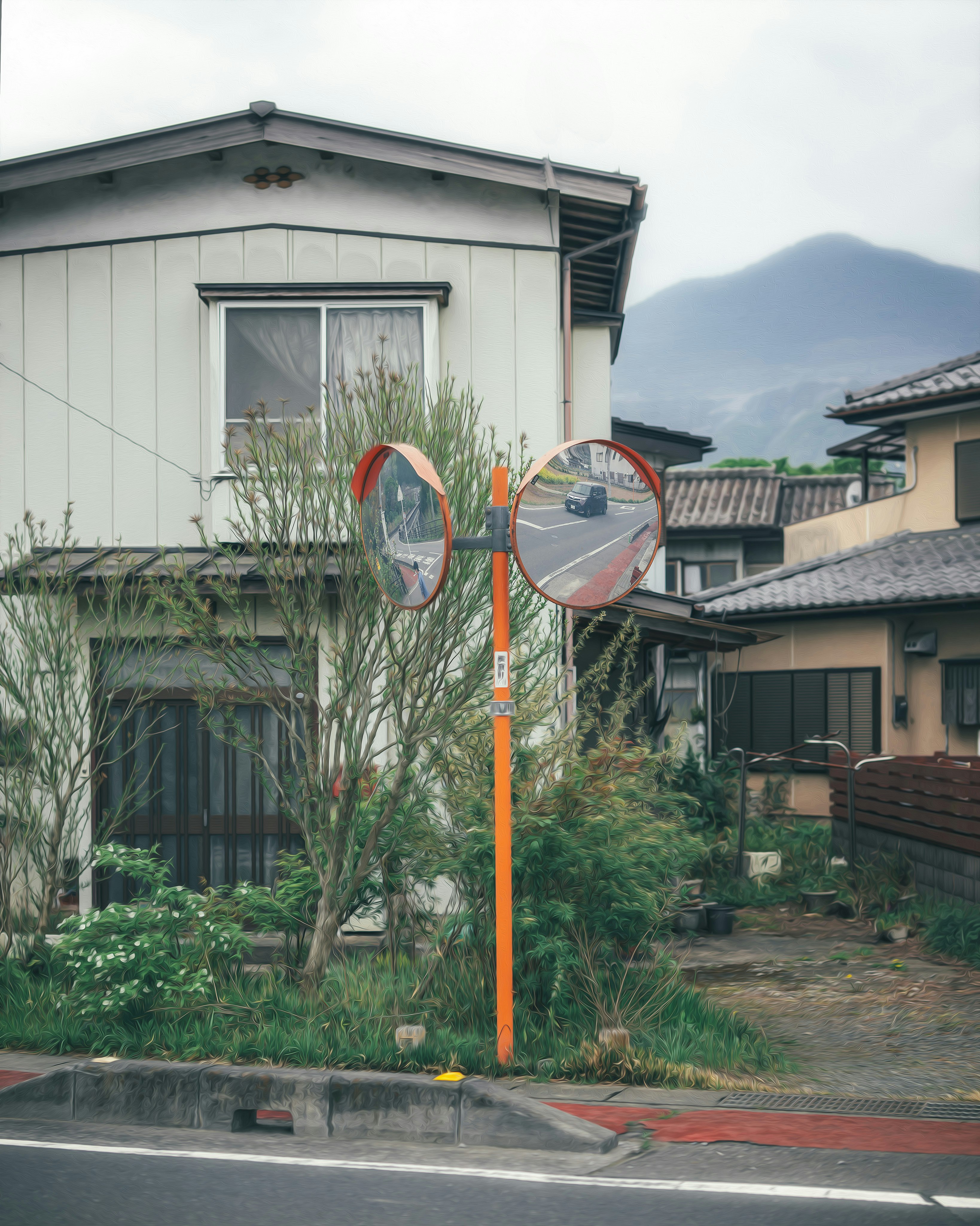 山並みを望む和風の住宅街の路地に立つ自転車の看板