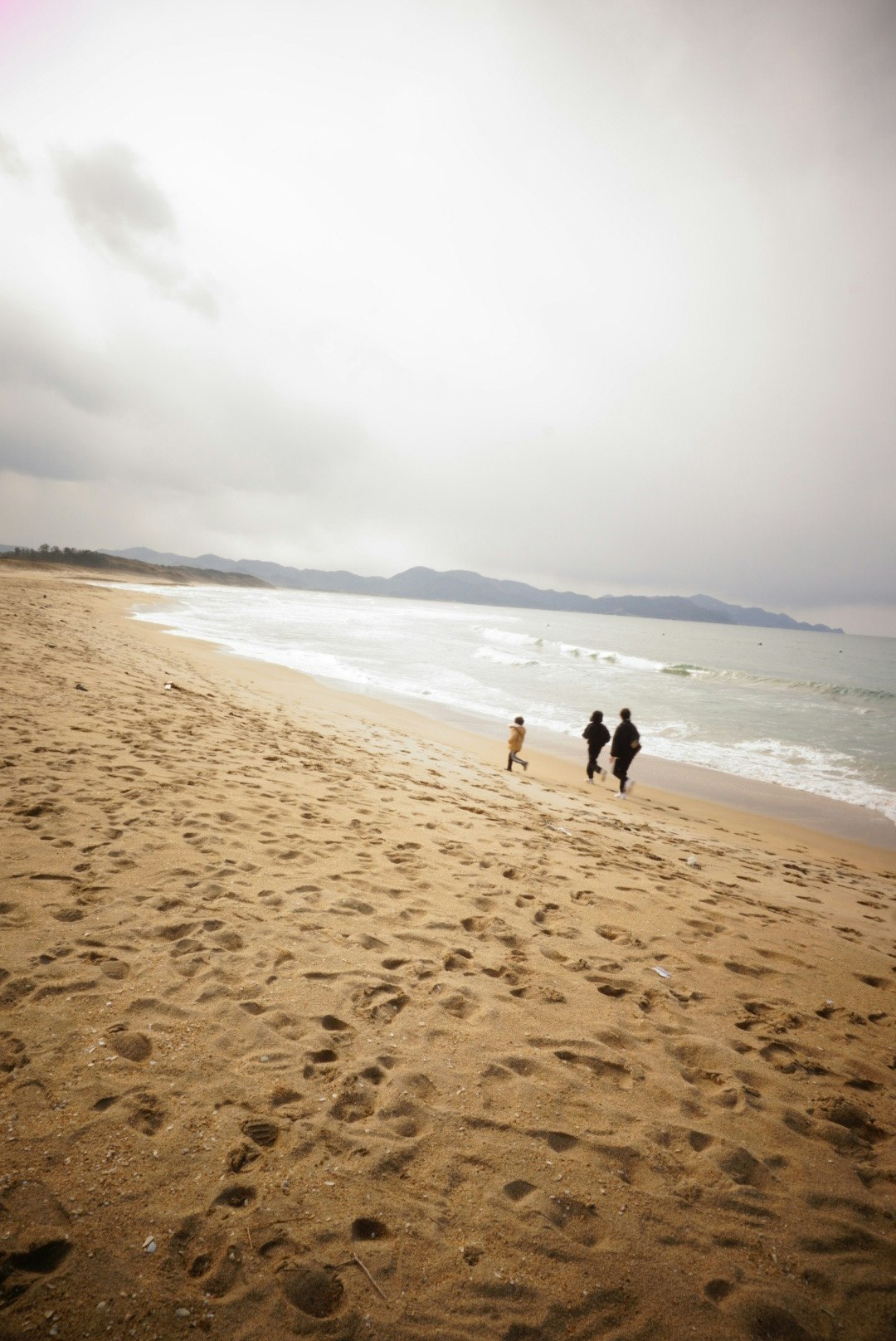 keluarga berjalan di sepanjang pantai berpasir dengan laut