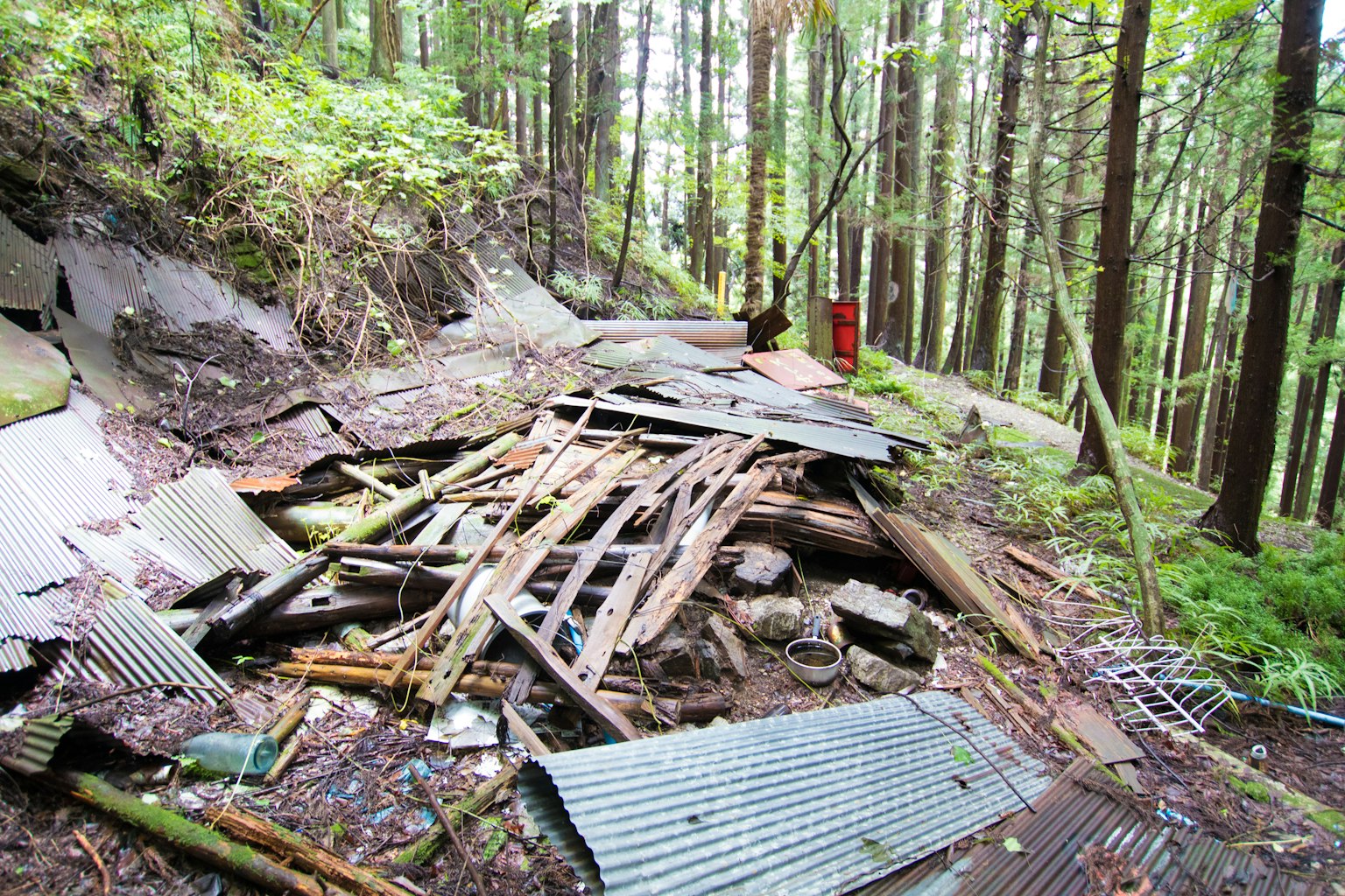 Debris of a collapsed shelter with metal sheets in a forest