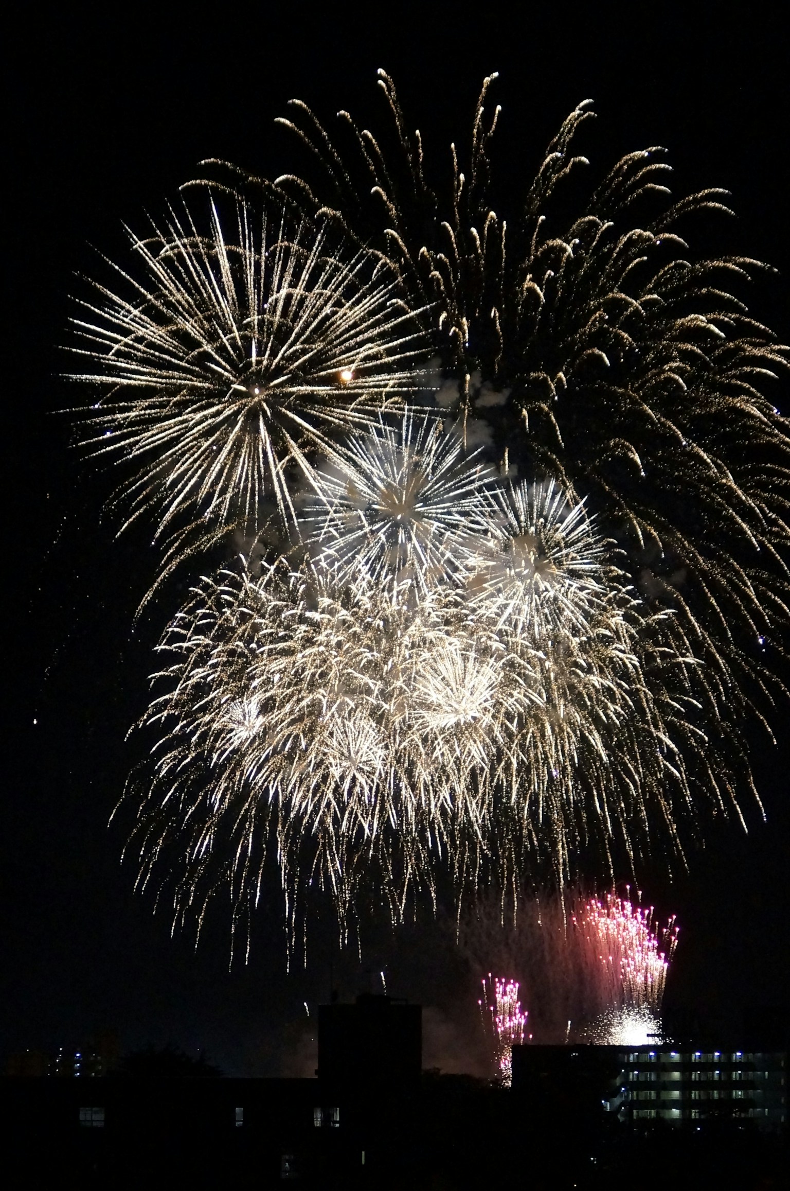 A display of fireworks in the night sky featuring large white bursts and smaller colored explosions