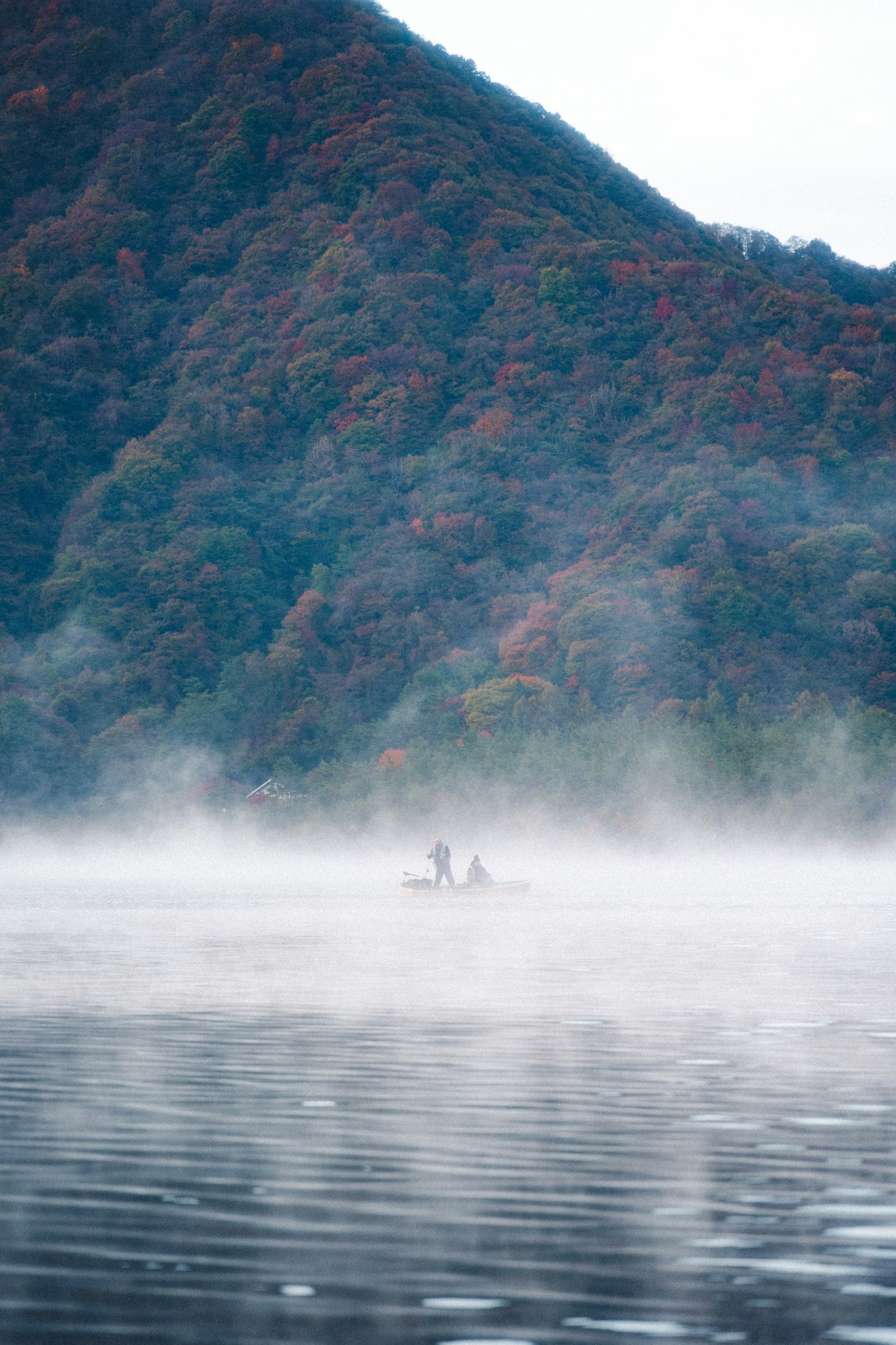 霧の中の湖でボートに乗る人々と色づいた山々