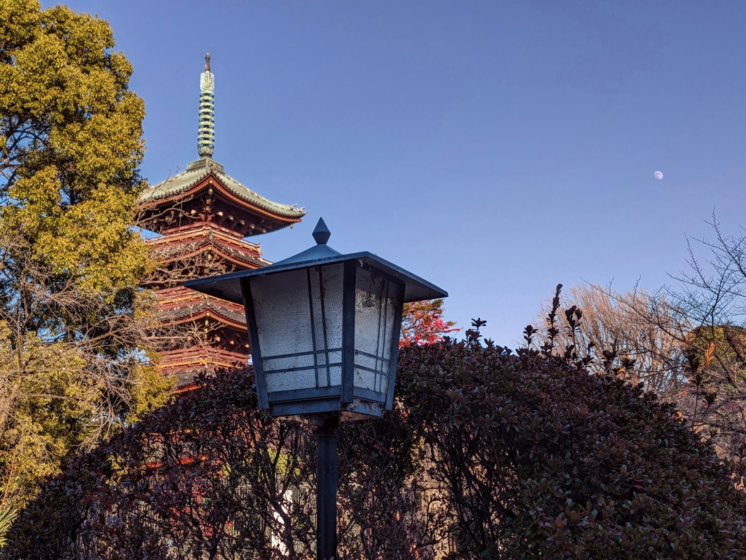 Scenic view of a Japanese pagoda and a lantern