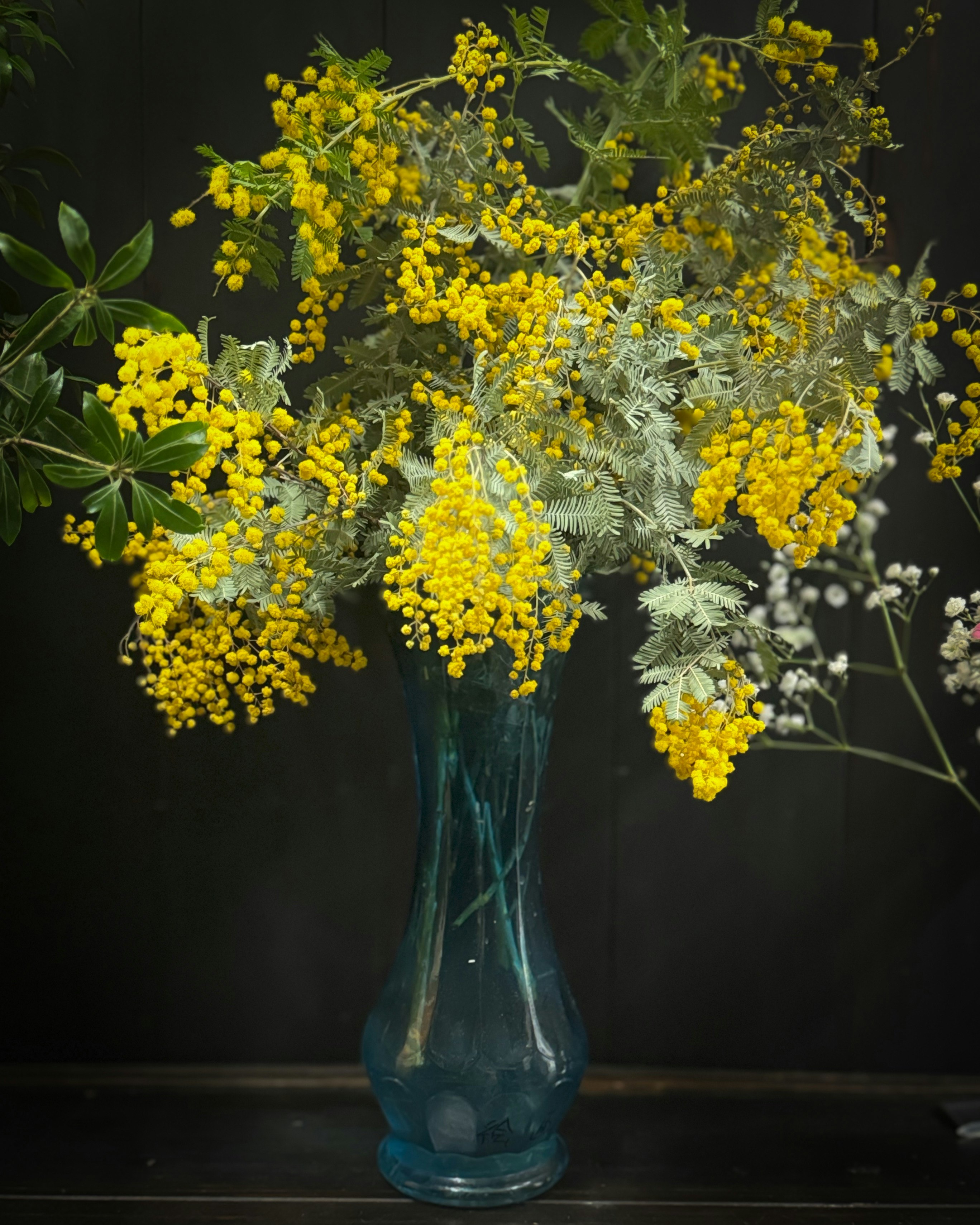 ミモザの花束を青い花瓶に生けた室内の静物