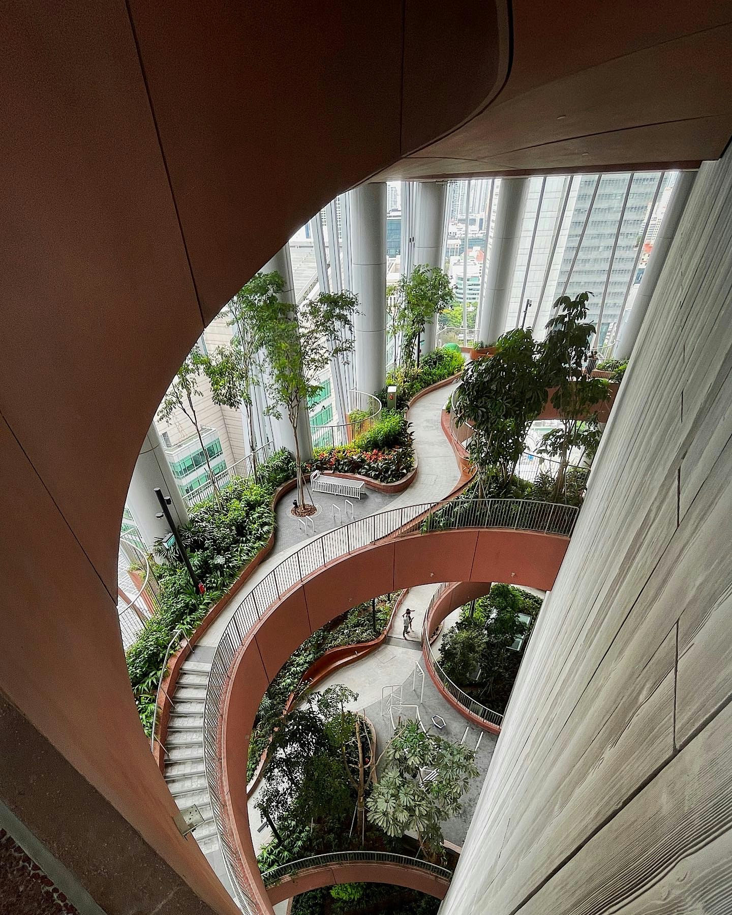 中庭の植栽が見える螺旋階段のある建物の吹き抜け