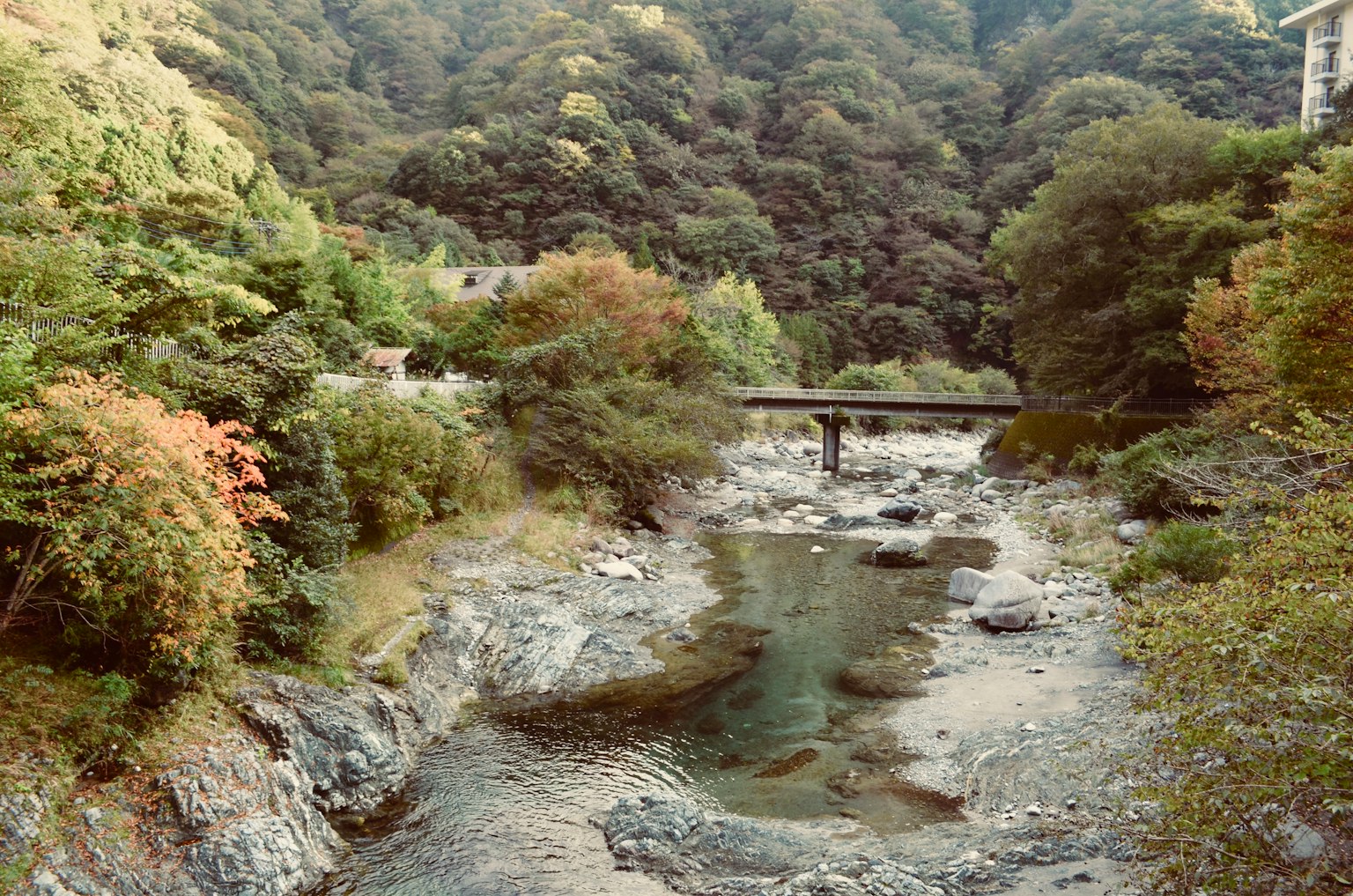 Vista escénica de un río que fluye rodeado de montañas verdes