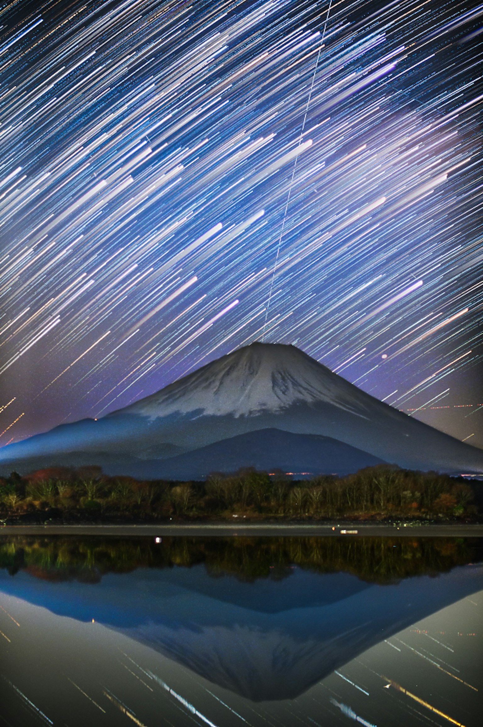 Stunning view of Mount Fuji with star trails