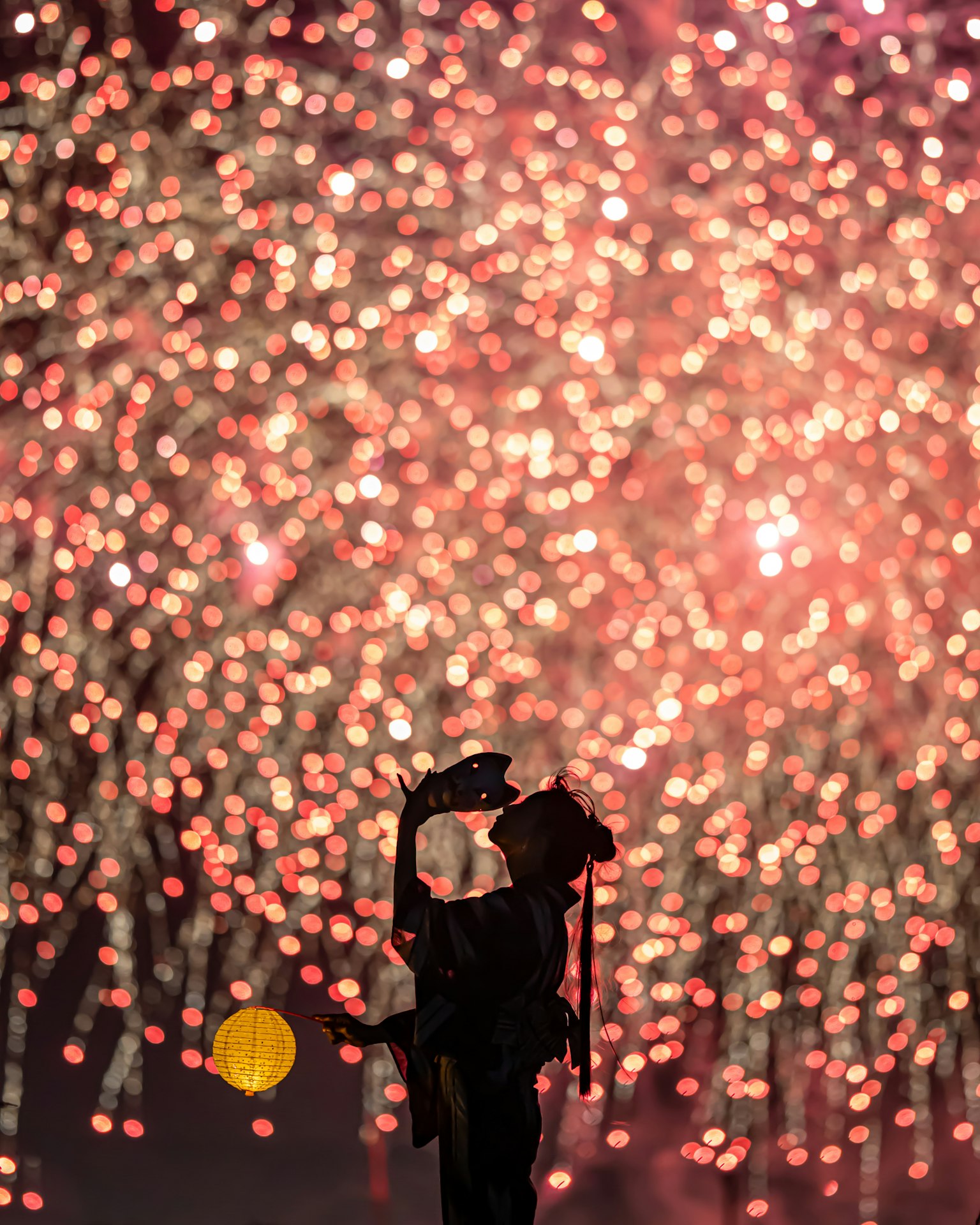 Silhouette of a person taking a selfie in front of fireworks
