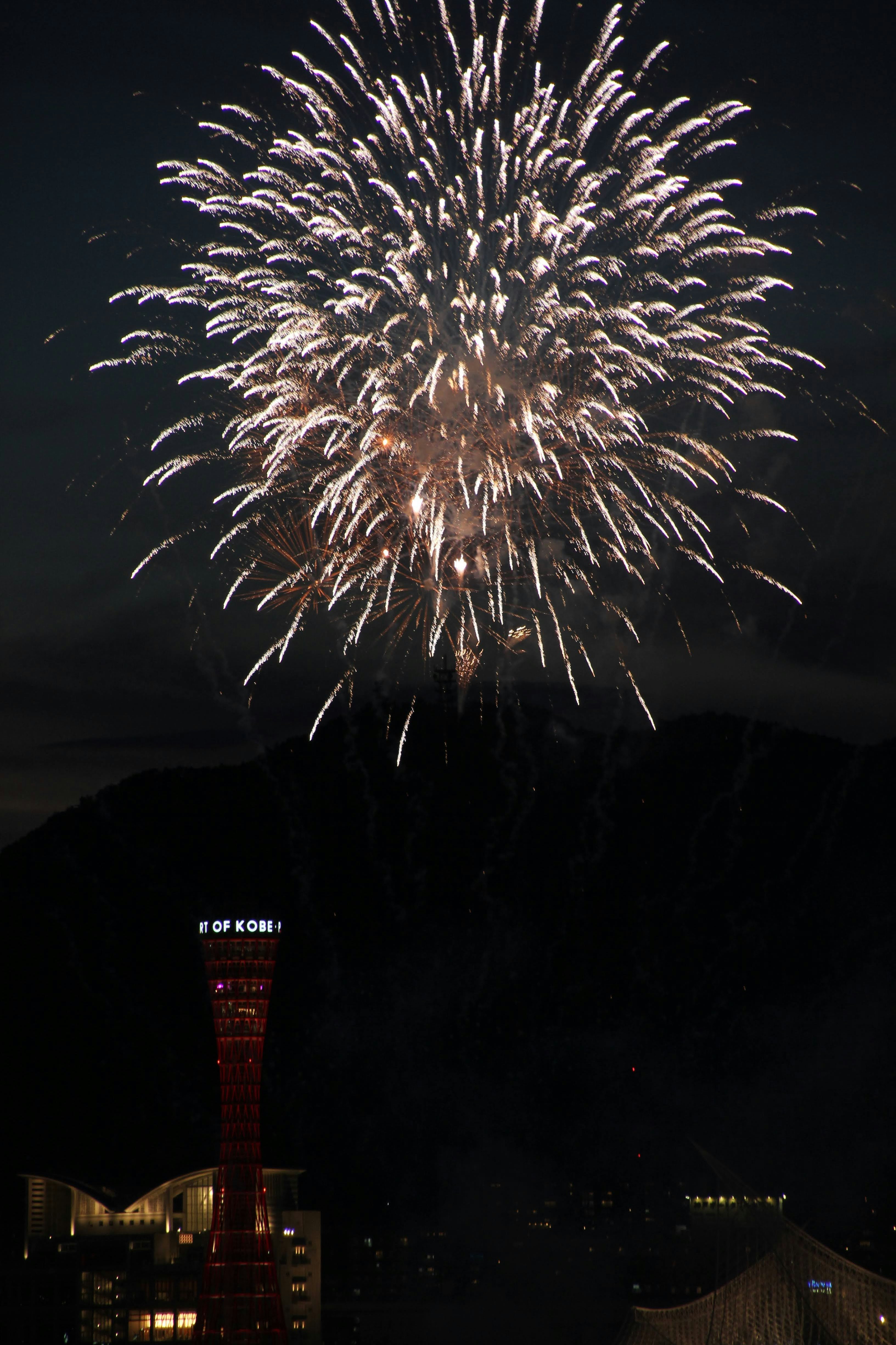 神戸の夏の夜に打ち上がる花火の大輪