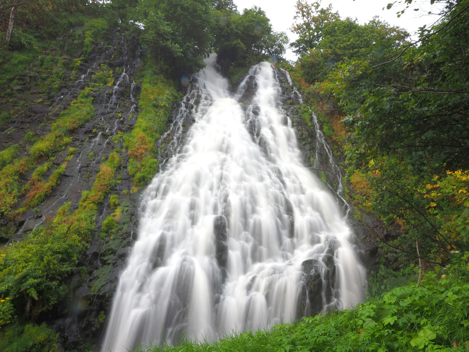 Una hermosa cascada que cae rodeada de hierba verde y árboles