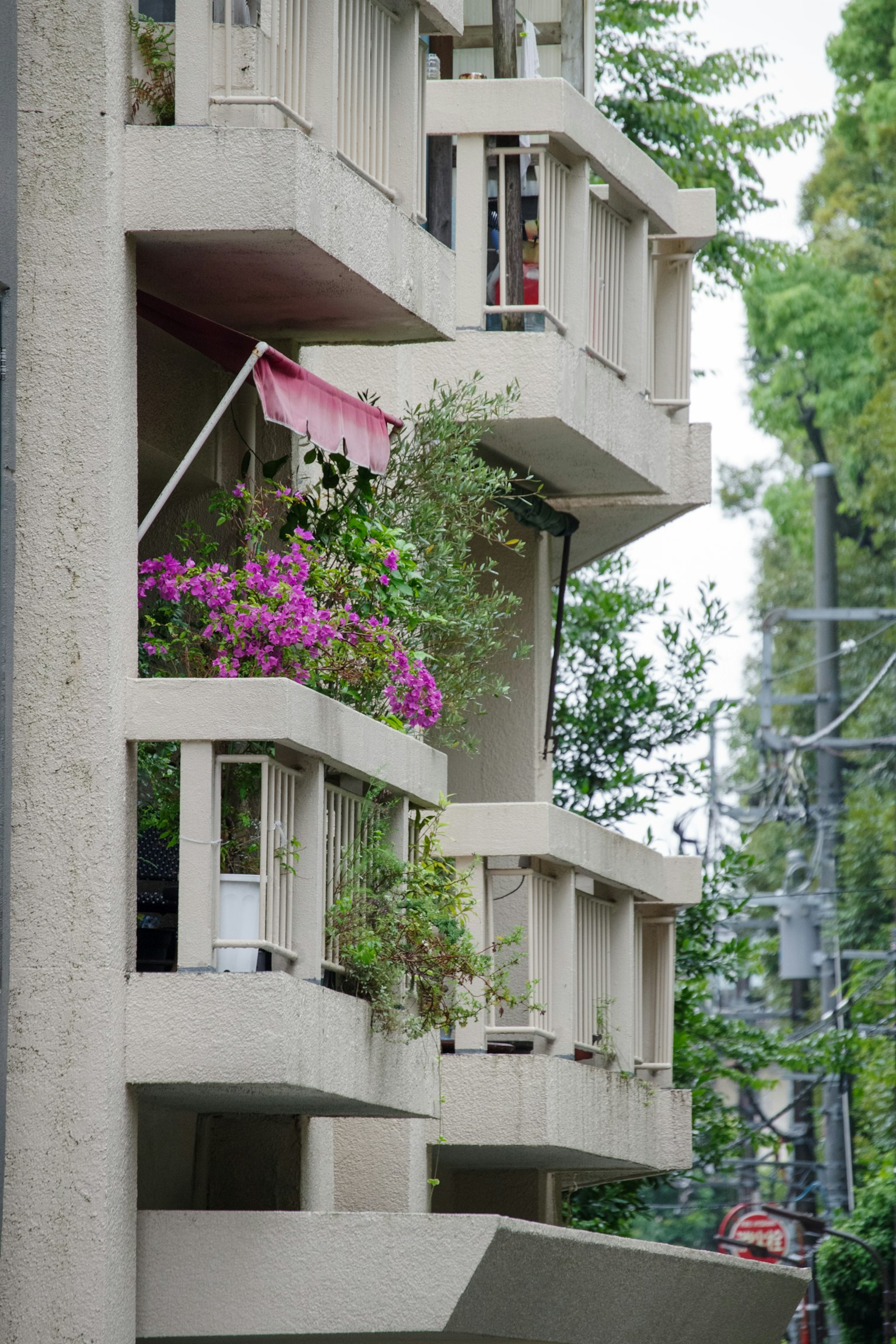 Esterno di un edificio moderno con balconi decorati con fiori in fiore