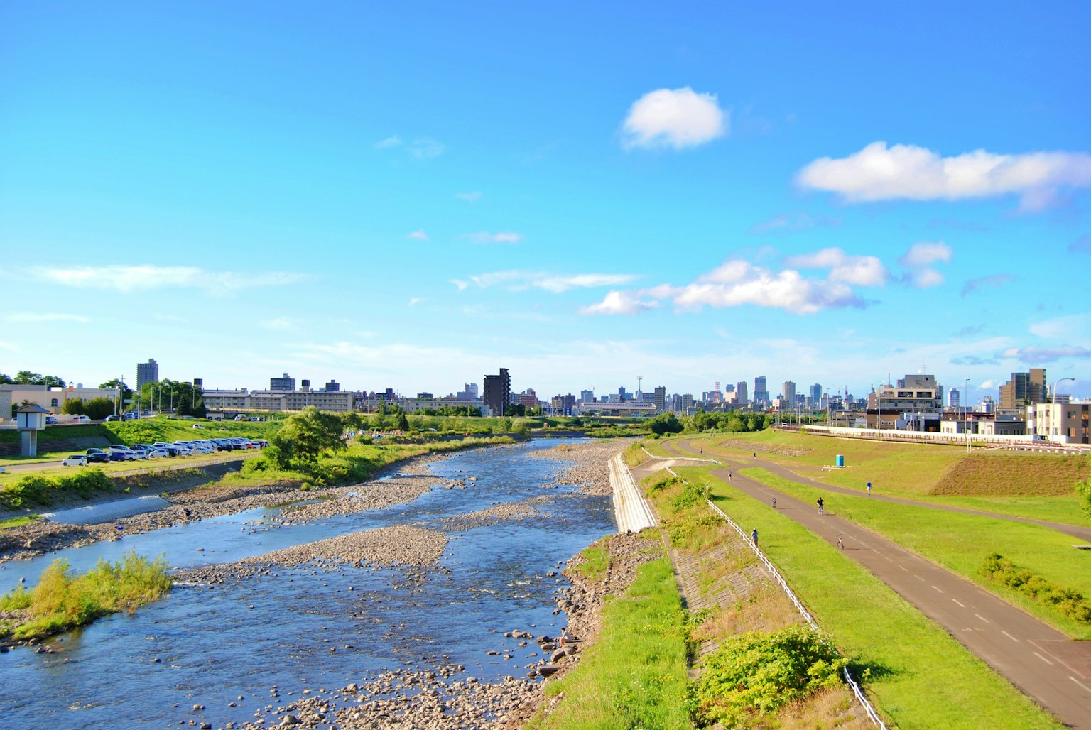 River landscape under a blue sky with a city skyline