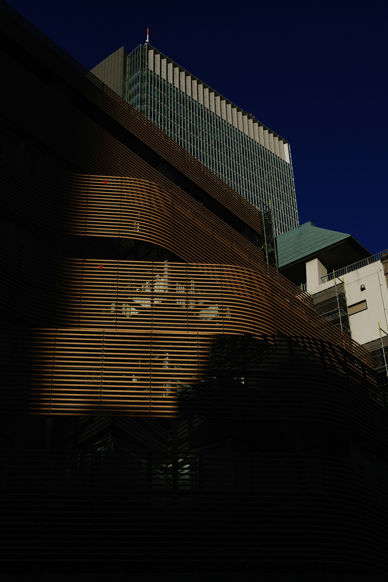 現代建築外立面，木條與黑暗背景相襯