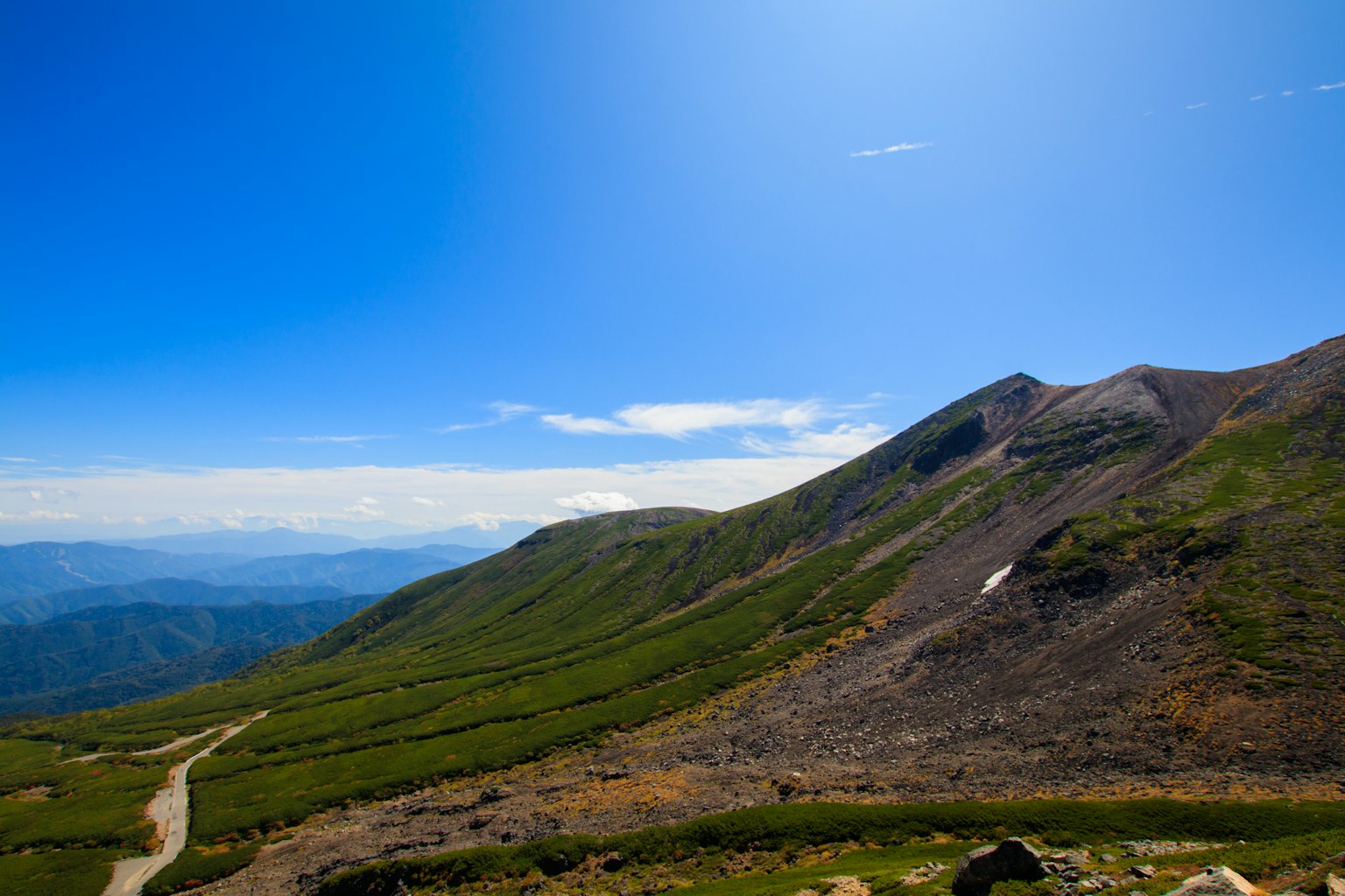 Scenic view of green hills and a winding path under a clear blue sky