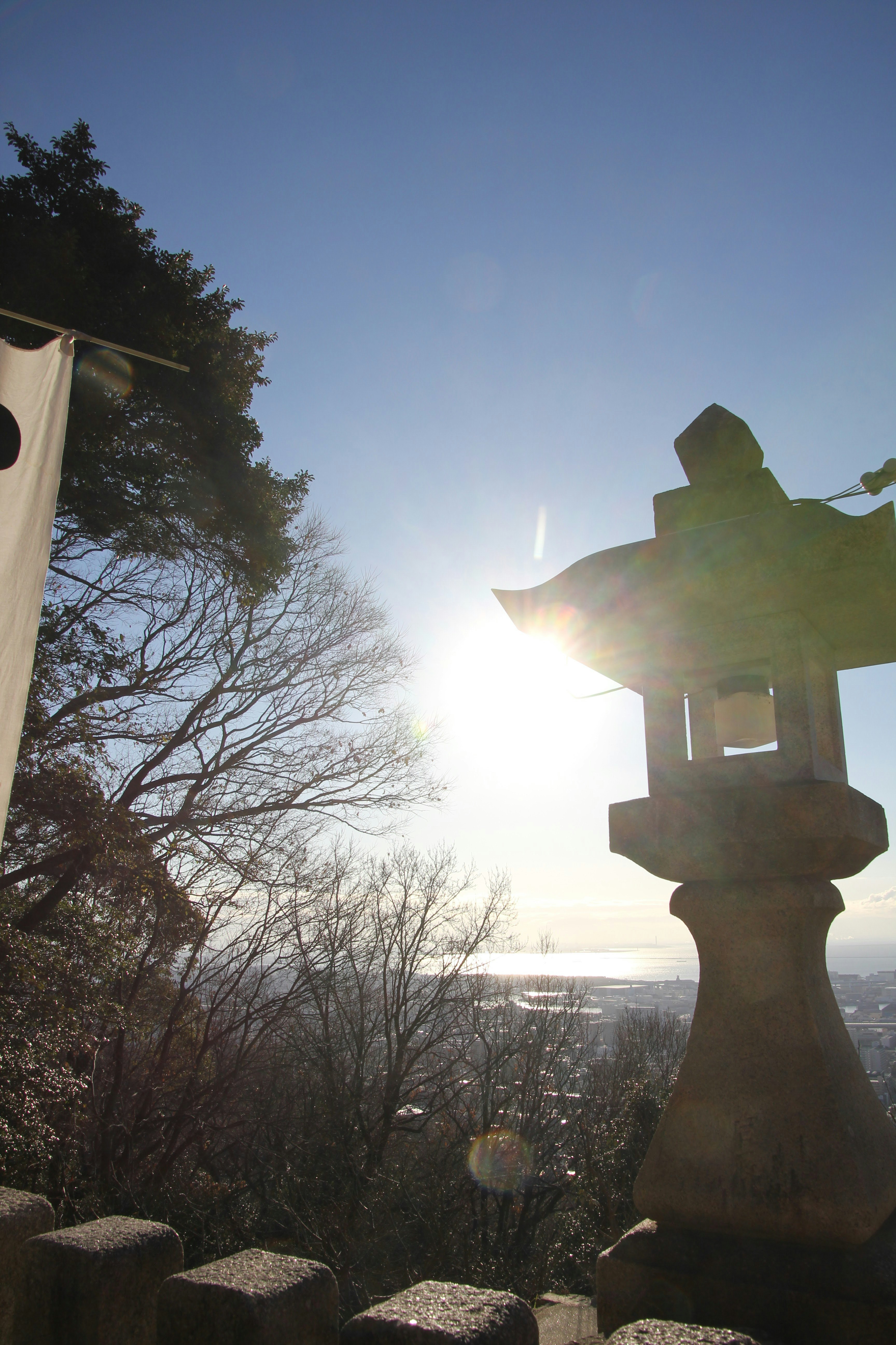 日の出の神社の鳥居と山の景色