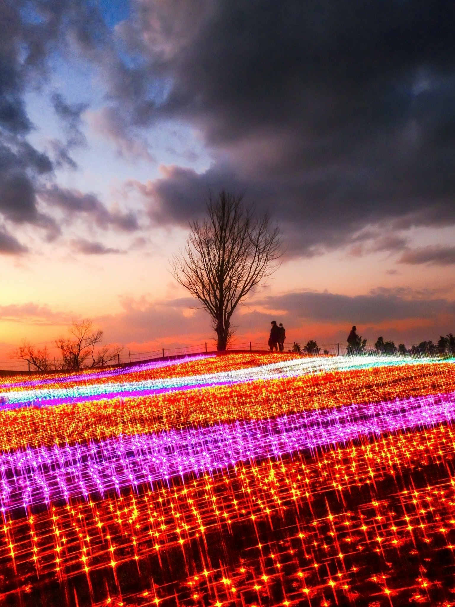 Bunte Lichter beleuchten einen Hügel unter einem Sonnenuntergangshimmel mit einem einsamen Baum