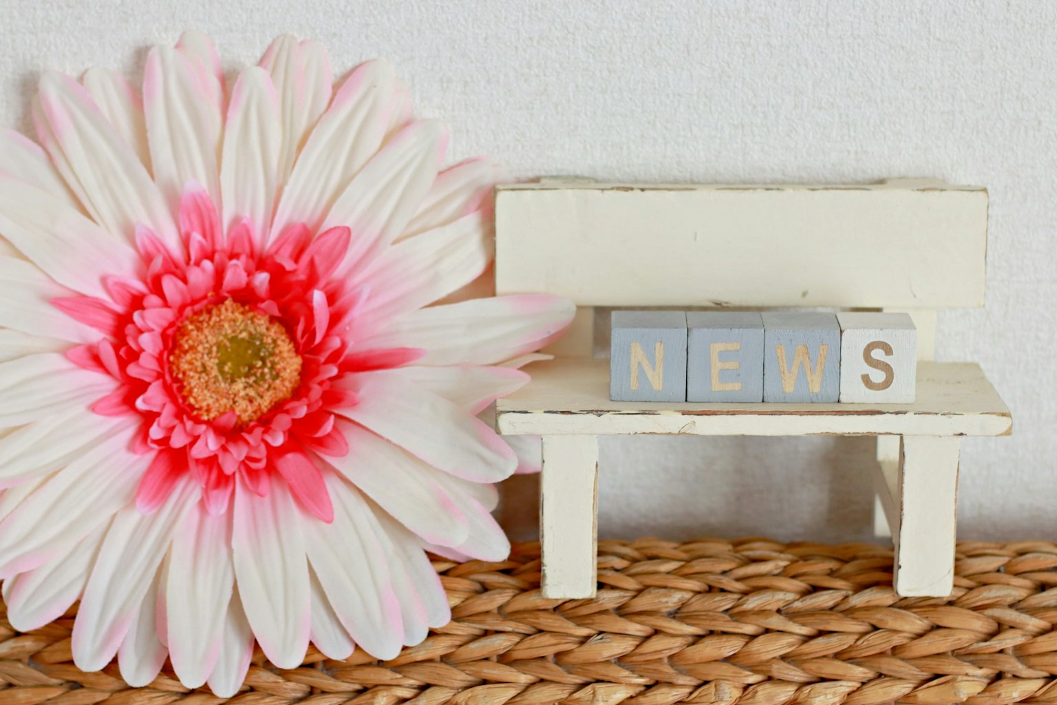 Pequeño banco blanco con bloques que dicen NEWS y una gran flor rosa
