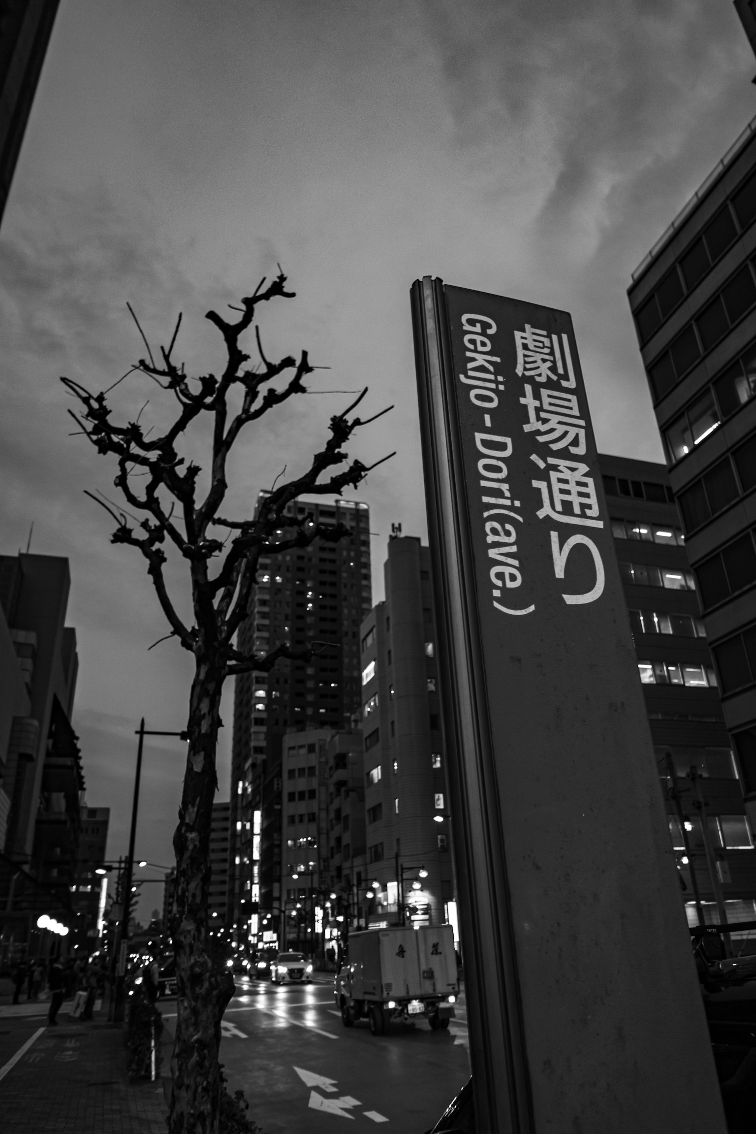 Schild der Gaiyo-Dori-Straße in einer schwach beleuchteten Stadtumgebung