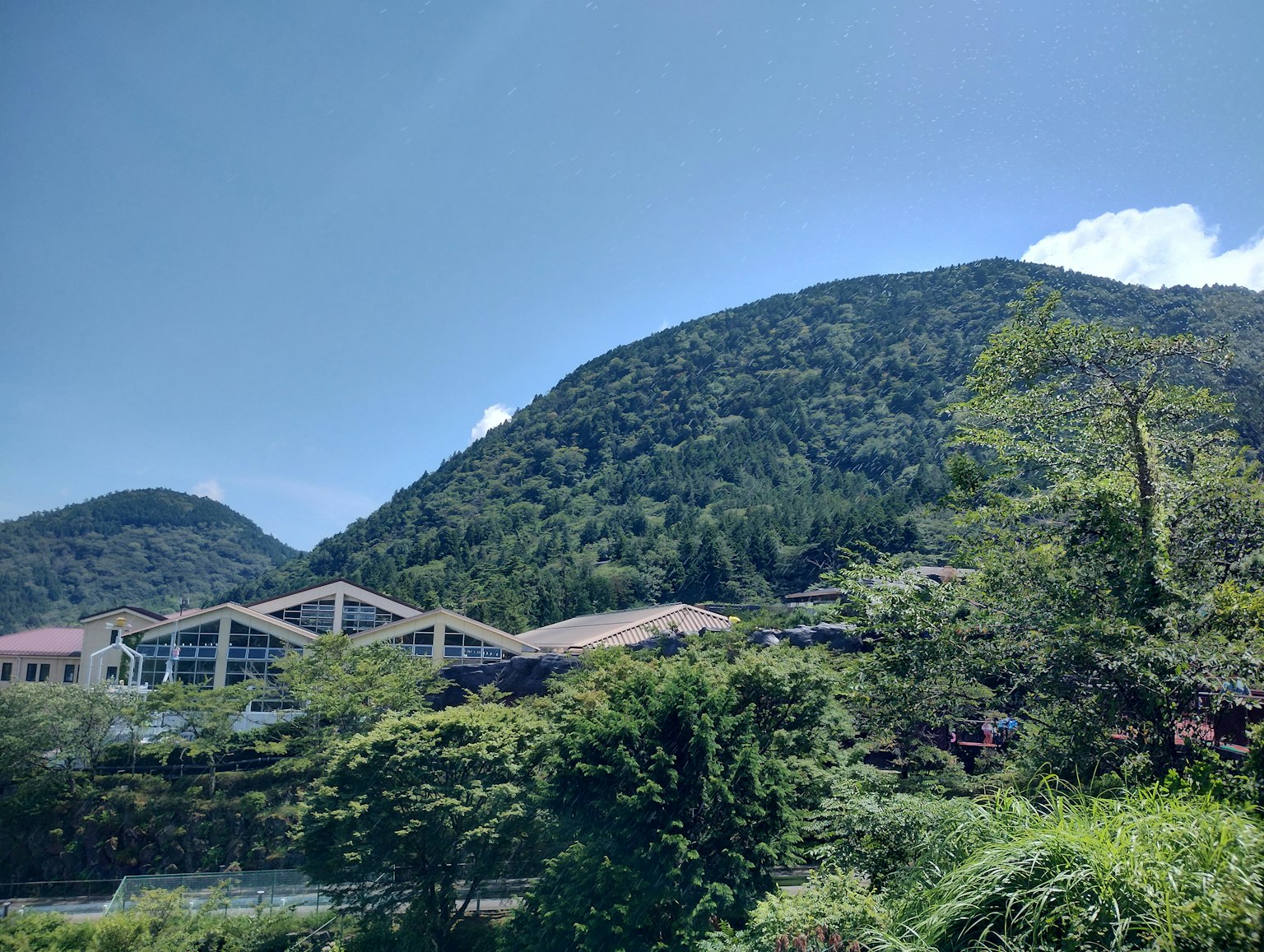 Paesaggio montano verde lussureggiante con edifici sotto un cielo blu chiaro