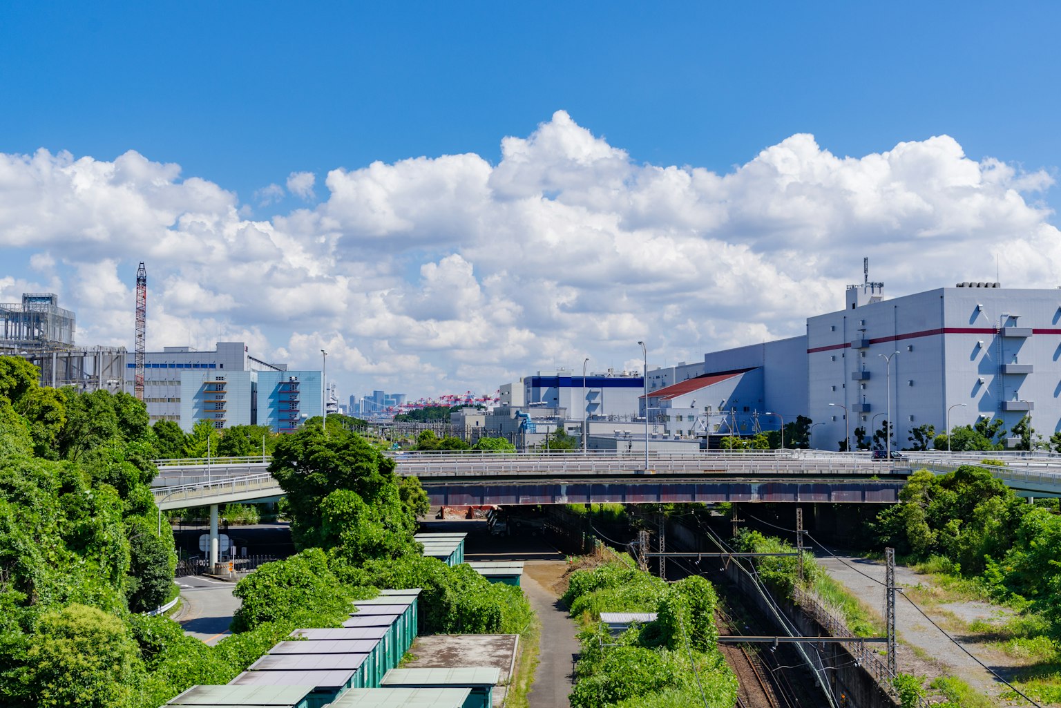 东京城市风景，绿色植物和可见的铁路