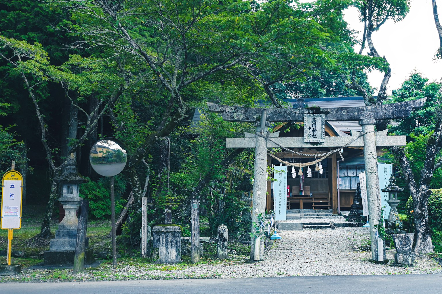 Lối vào ngôi đền với cổng torii được bao quanh bởi cây cối