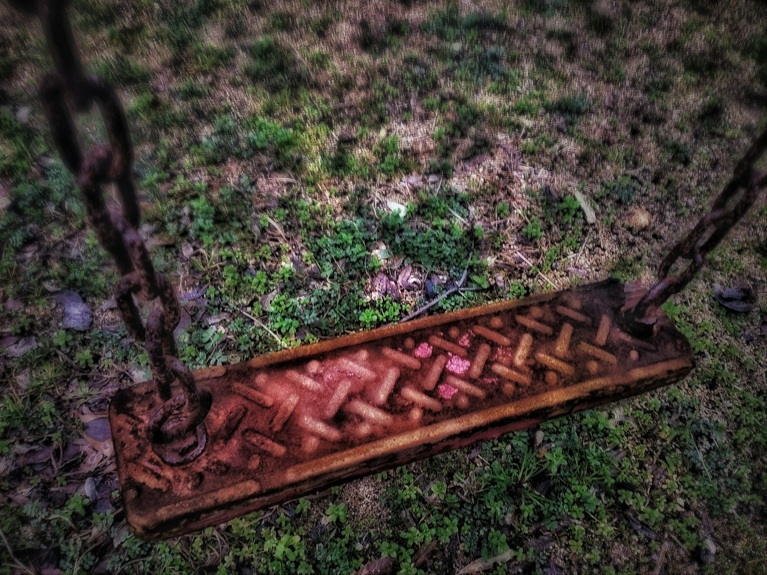 An old swing seat resting on grass
