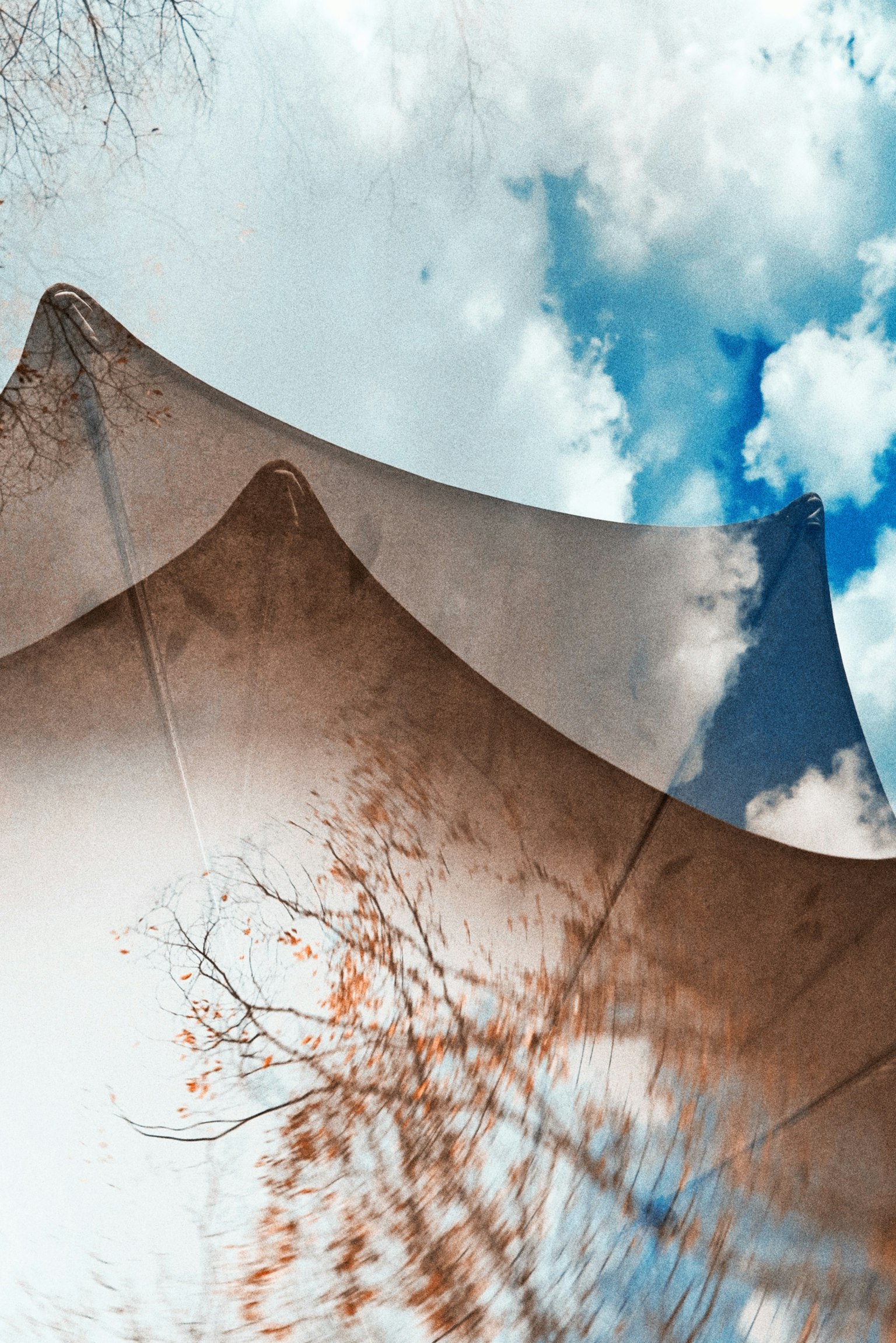 青空の下に広がるテントのシルエットと雲の反射