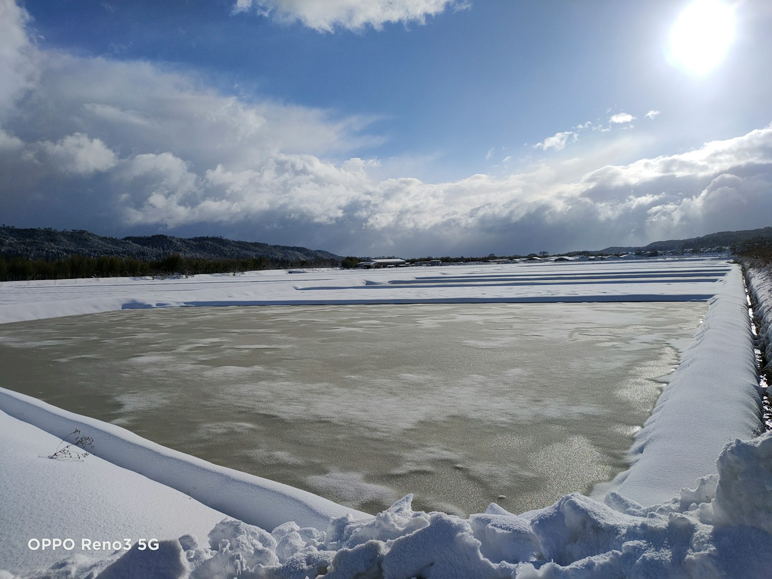 Mit Schnee bedecktes Reisfeld mit gefrorener Wasseroberfläche