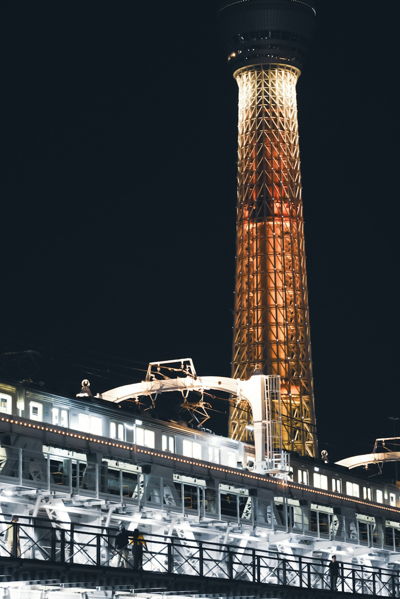 Tokyo Skytree illuminé la nuit avec des structures voisines