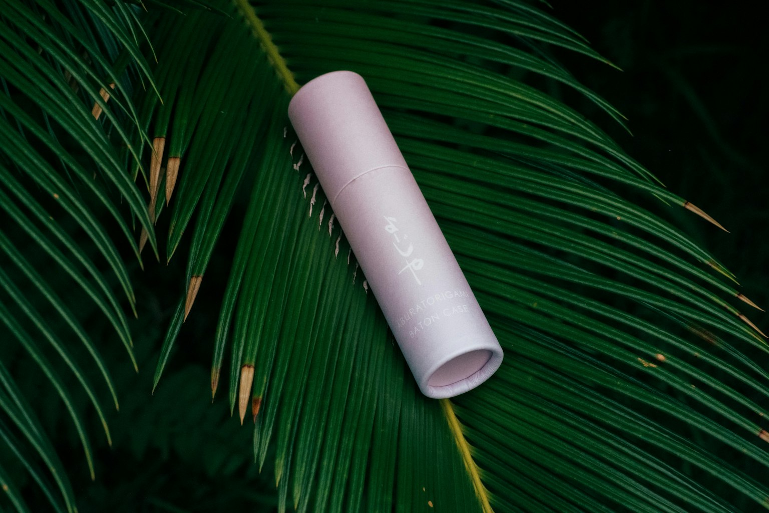 Paket silinder pink yang diletakkan di atas daun palem hijau