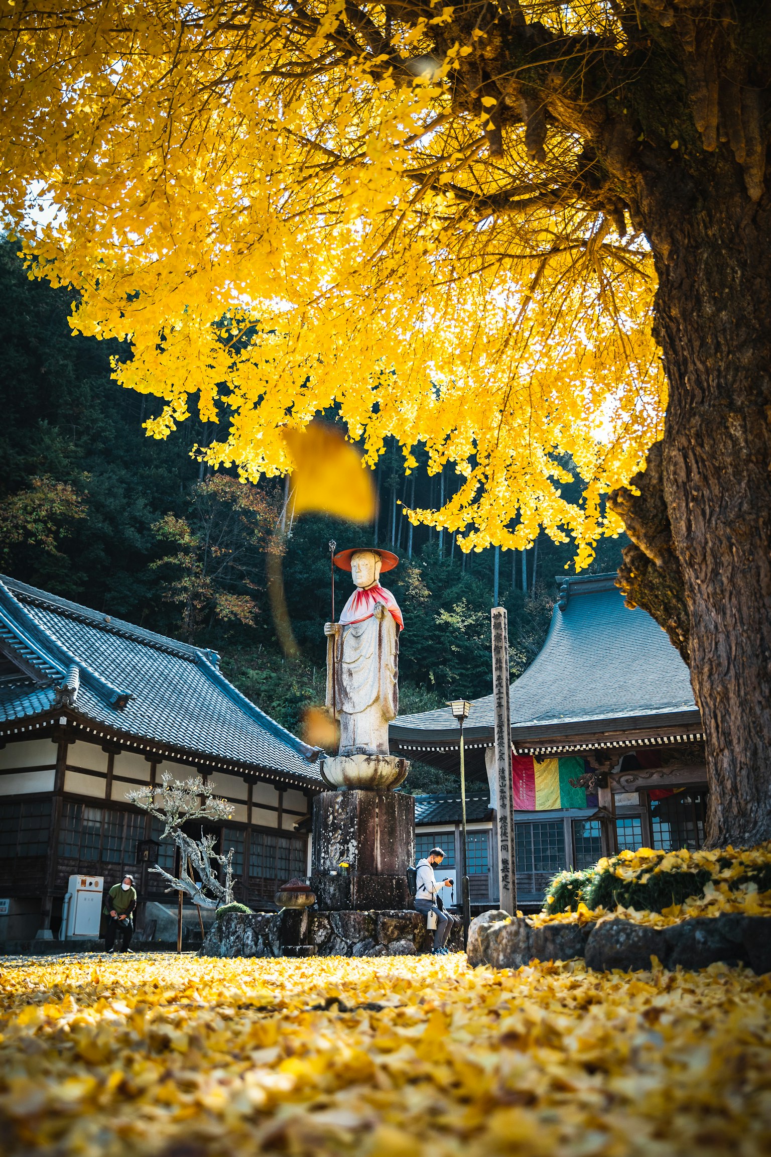 秋天黃色樹葉環繞的神社和木雕的風景