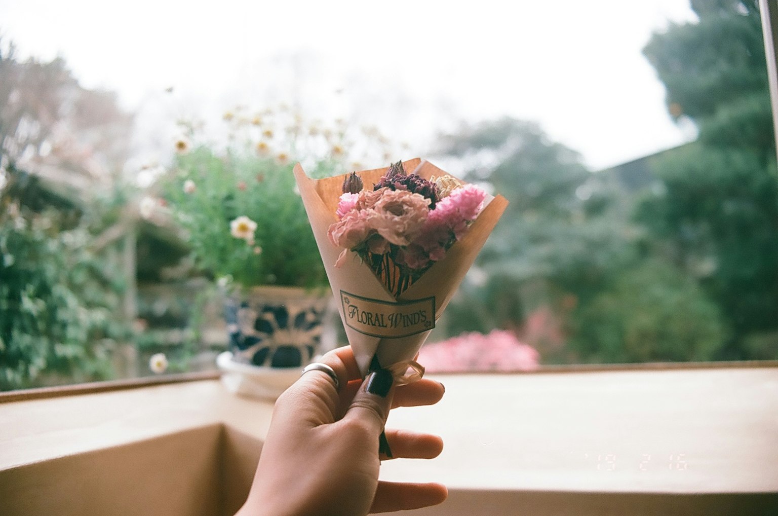 Hand holding a bouquet of pink flowers near a window with greenery outside
