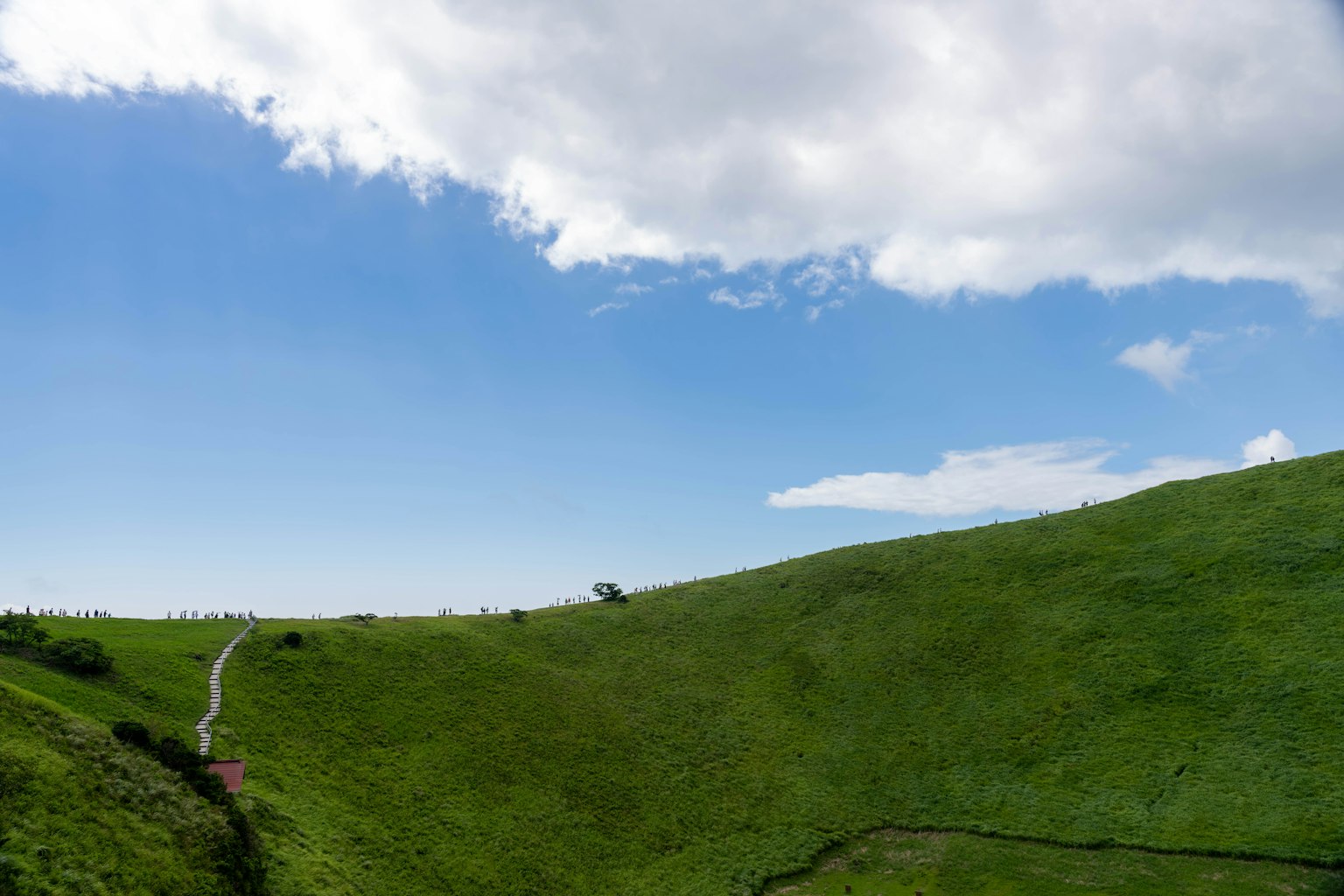Colline verdi sotto un cielo blu con nuvole bianche e un sentiero tortuoso