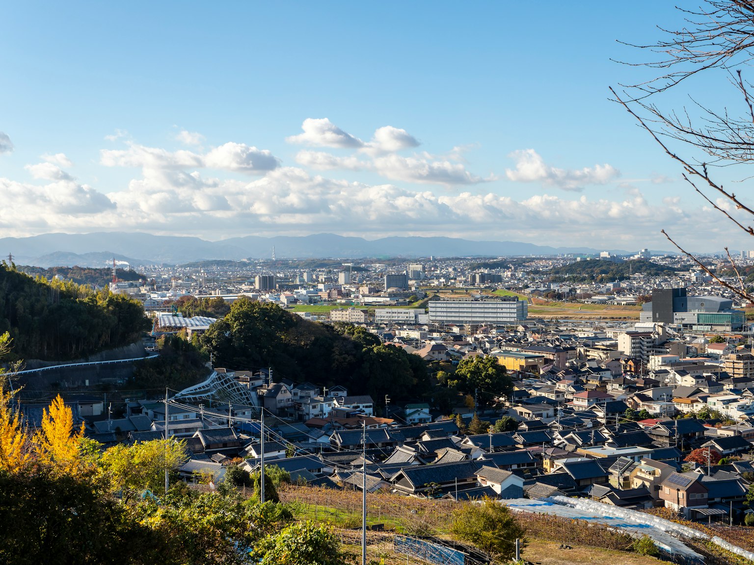 Vista panoramica di una città da una collina che mostra un paesaggio urbano e cielo blu