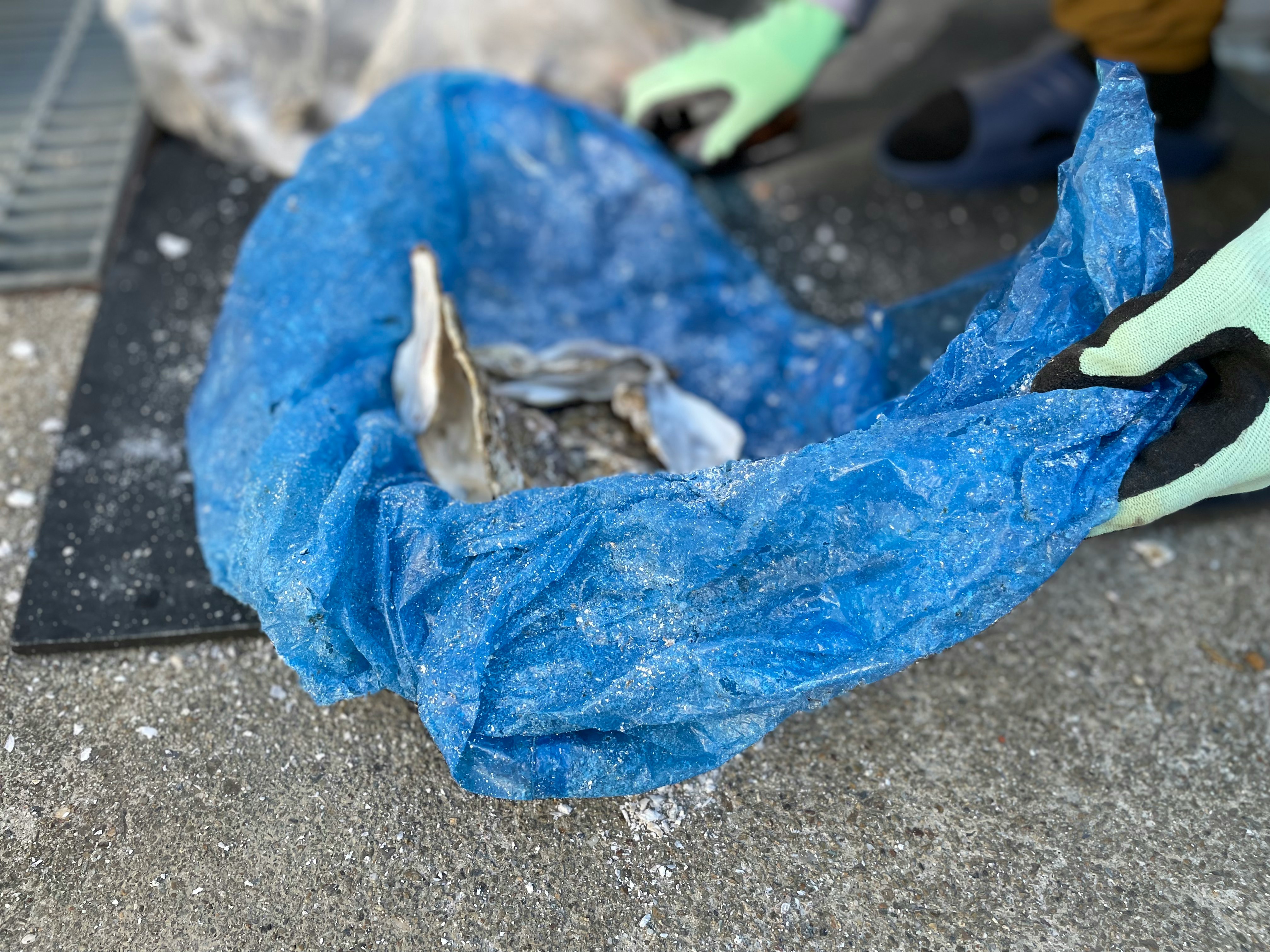 mains tenant un sac poubelle bleu pendant le nettoyage de rue