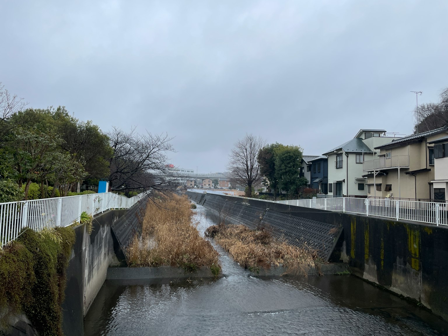 陰雲密布的天空下，河流與周圍建築