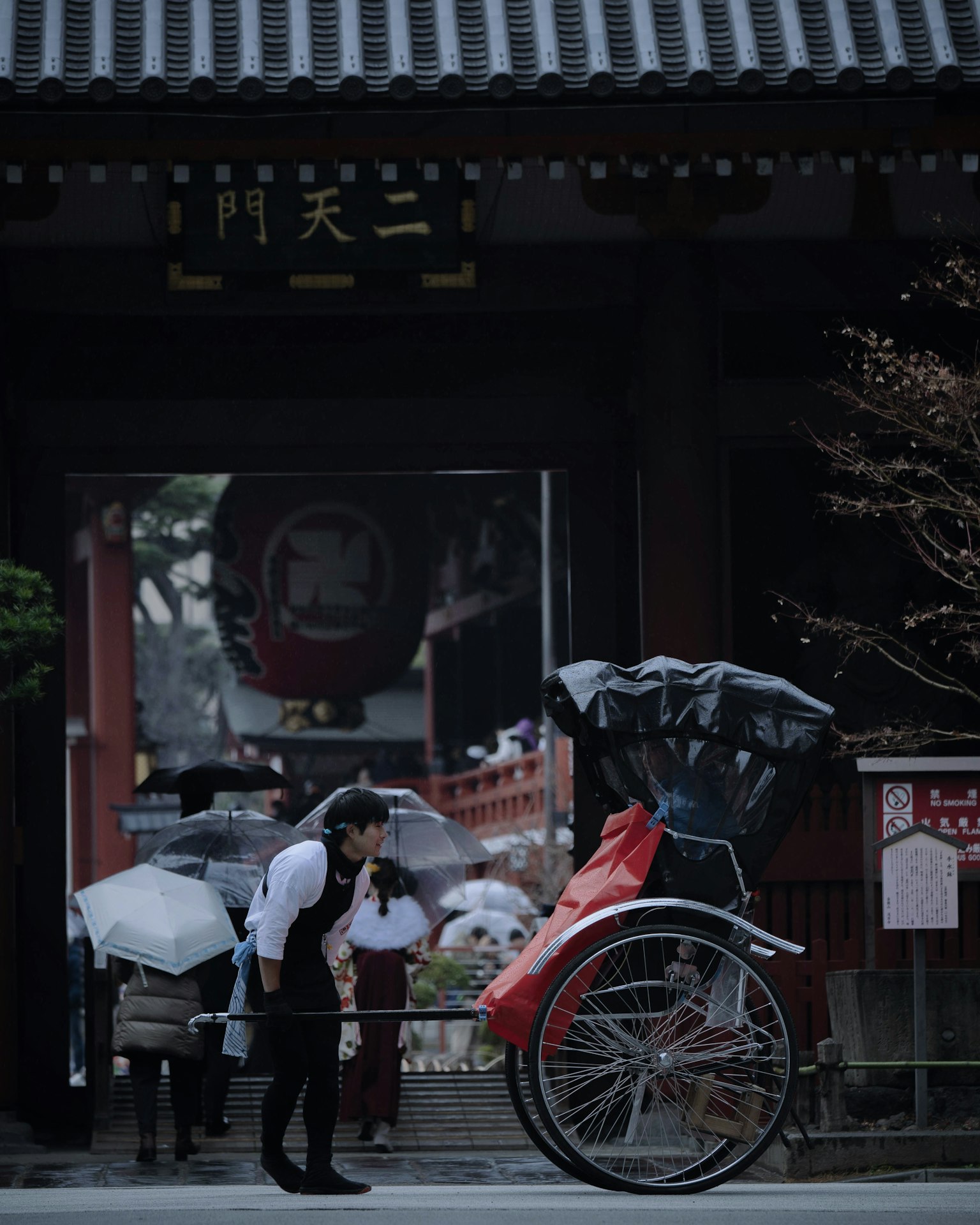 A rickshaw and tourists with umbrellas in front of an ancient gate