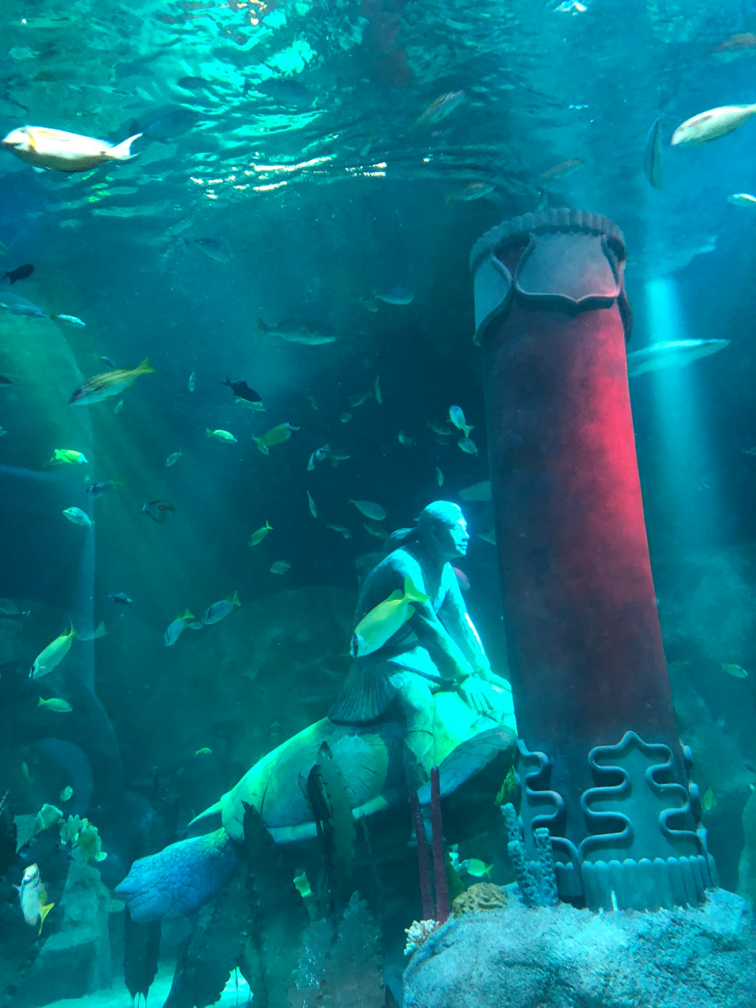 Escena submarina con una estatua y peces coloridos nadando