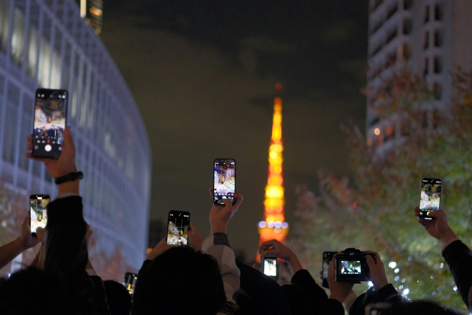 夜の東京タワーを背景にスマートフォンで写真を撮る人々