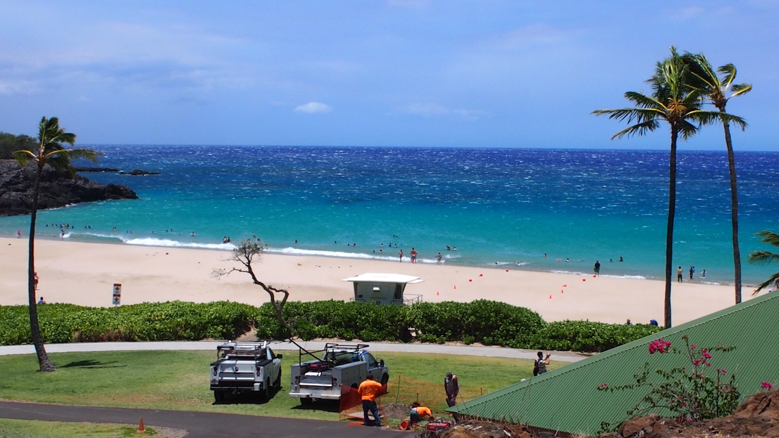 Scenic view of blue ocean and white sandy beach with parked cars in front of green lawn