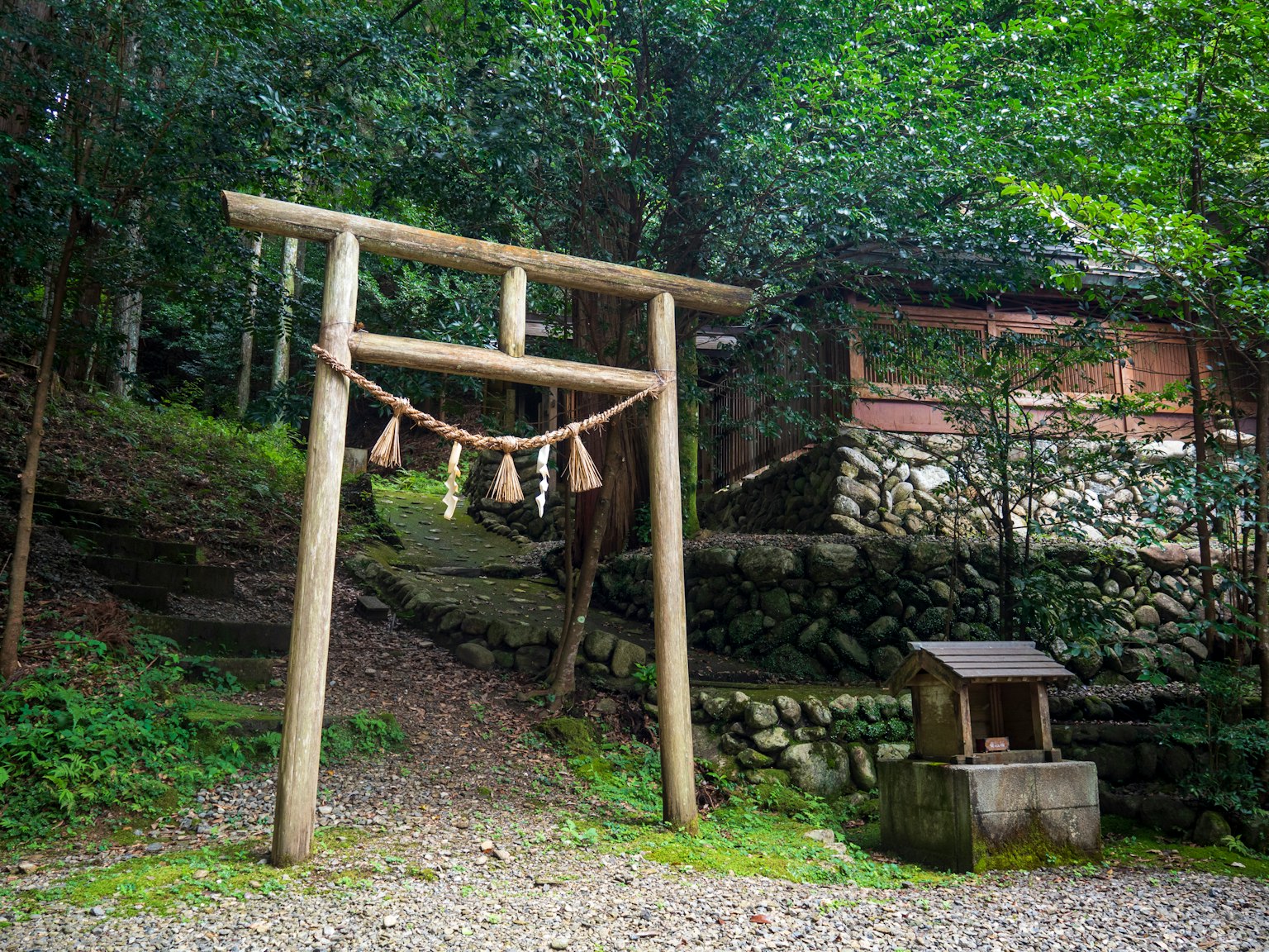 Una puerta torii rodeada de vegetación exuberante con un estanque