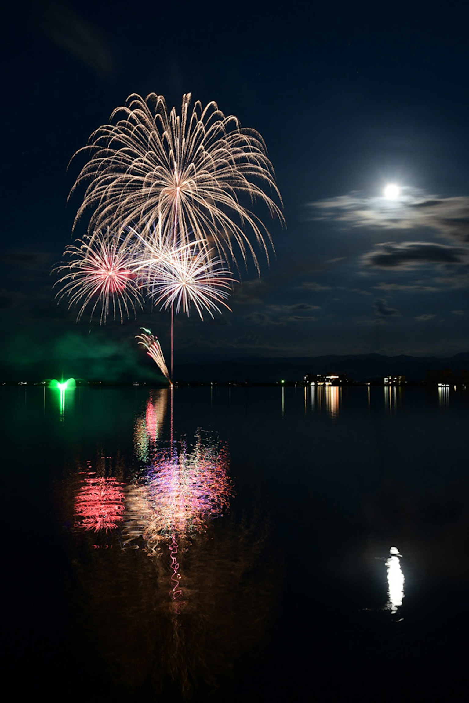 夜空中五彩繽紛的煙火在湖面上的月光倒影