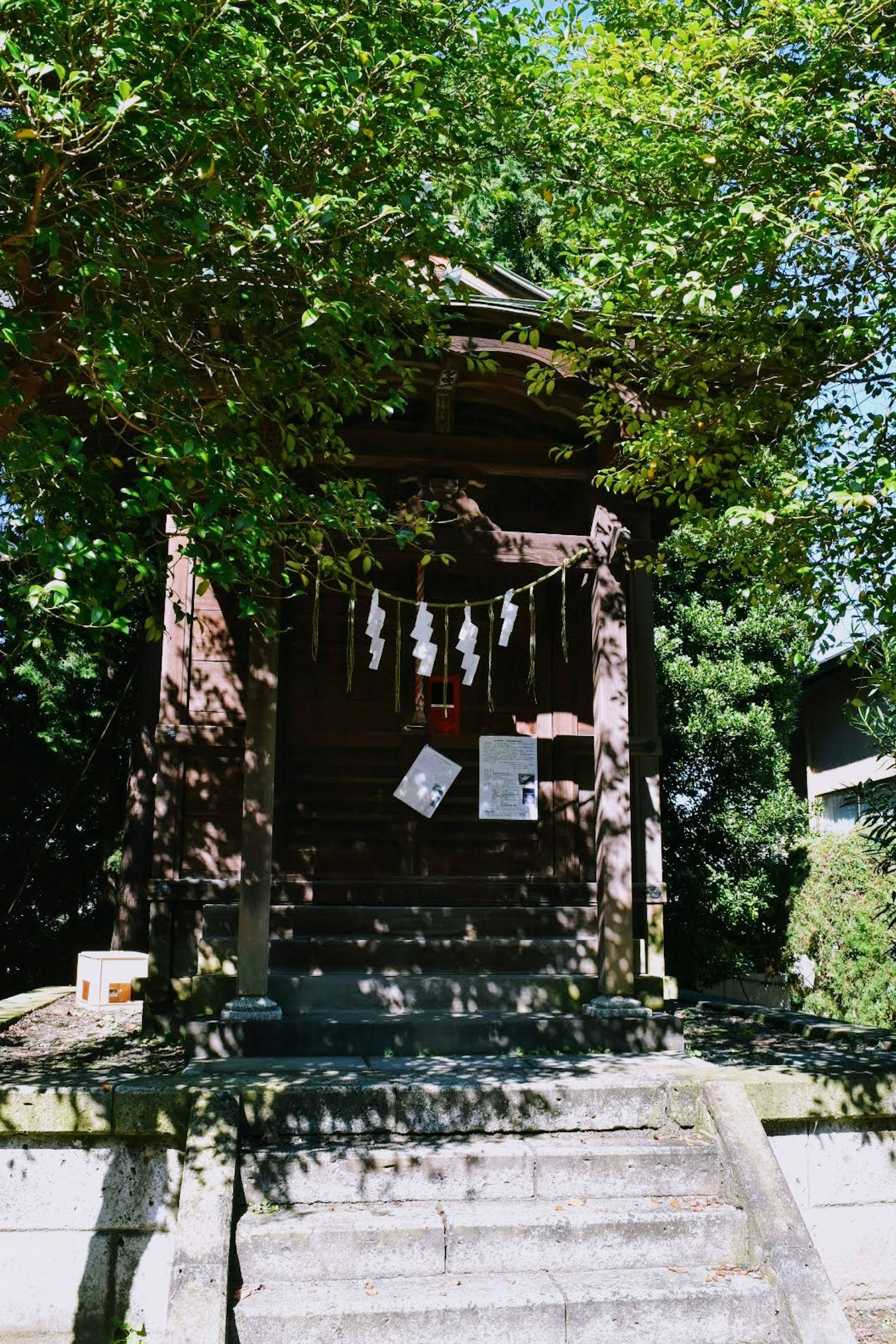 A small shrine surrounded by lush green trees and stone steps